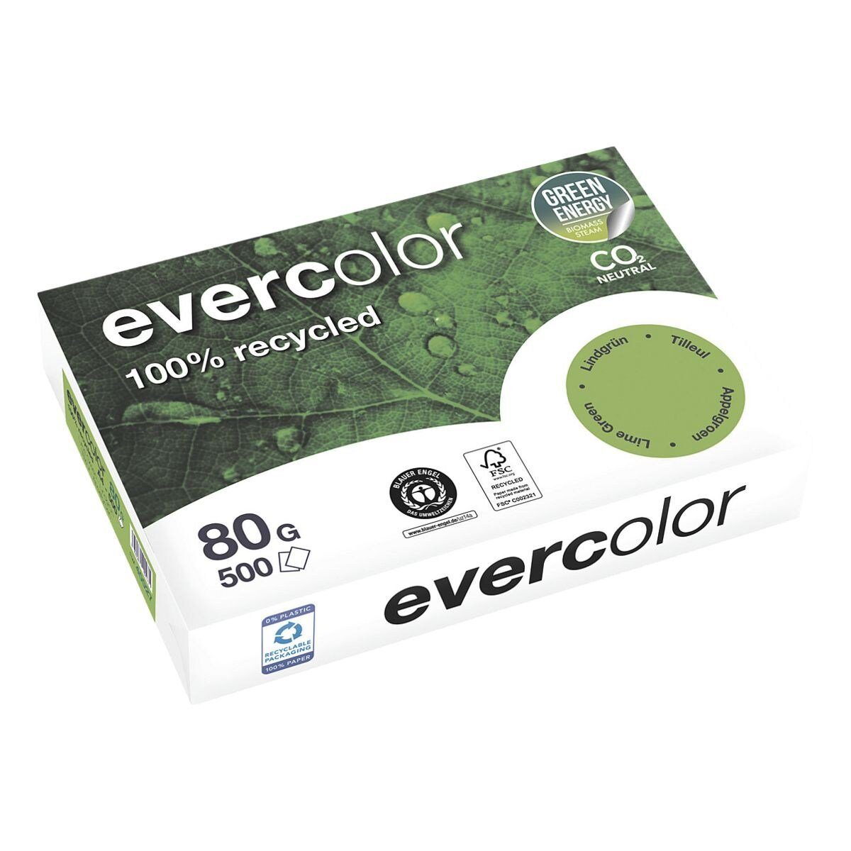 CLAIREFONTAINE Recyclingpapier evercolor, Intensivfarben, Format DIN A4, 80 g/m², 500 Blatt lindgrün