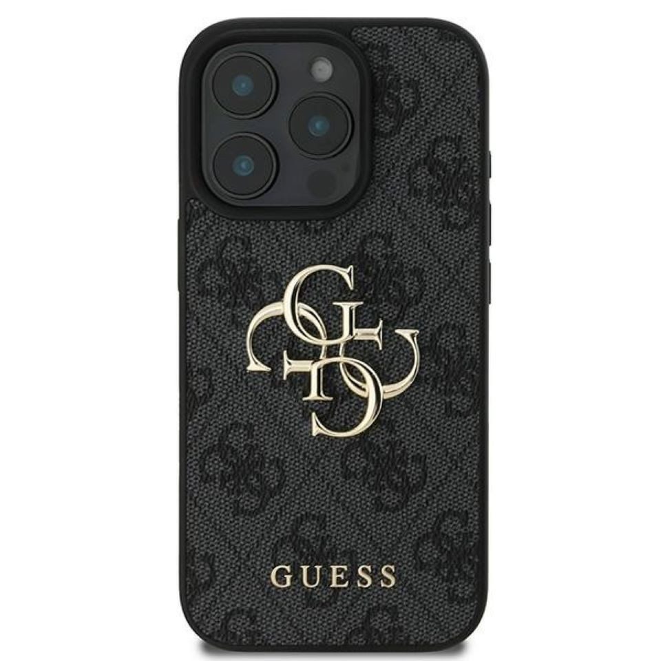 Guess Handyhülle iPhone 16 Pro grau Big Logo goldfarben Metall 6,3 Zoll, Kantenschutz