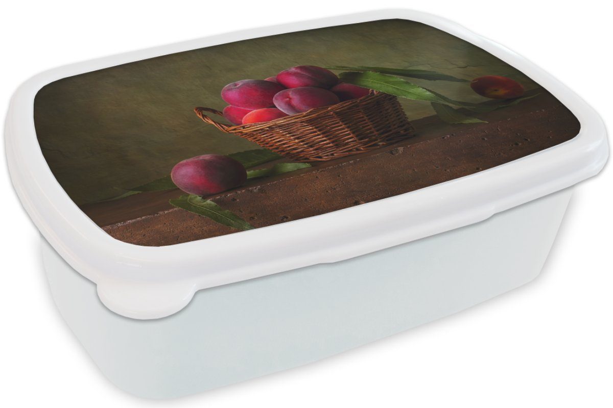 Brotdose, (2-tlg), Mädchen - Korb MuchoWow - Kunststoff, Stilleben, für und weiß Lunchbox Erwachsene, - Jungs Pflaume Kinder Obst und für - Rustikal Rosa Brotbox -