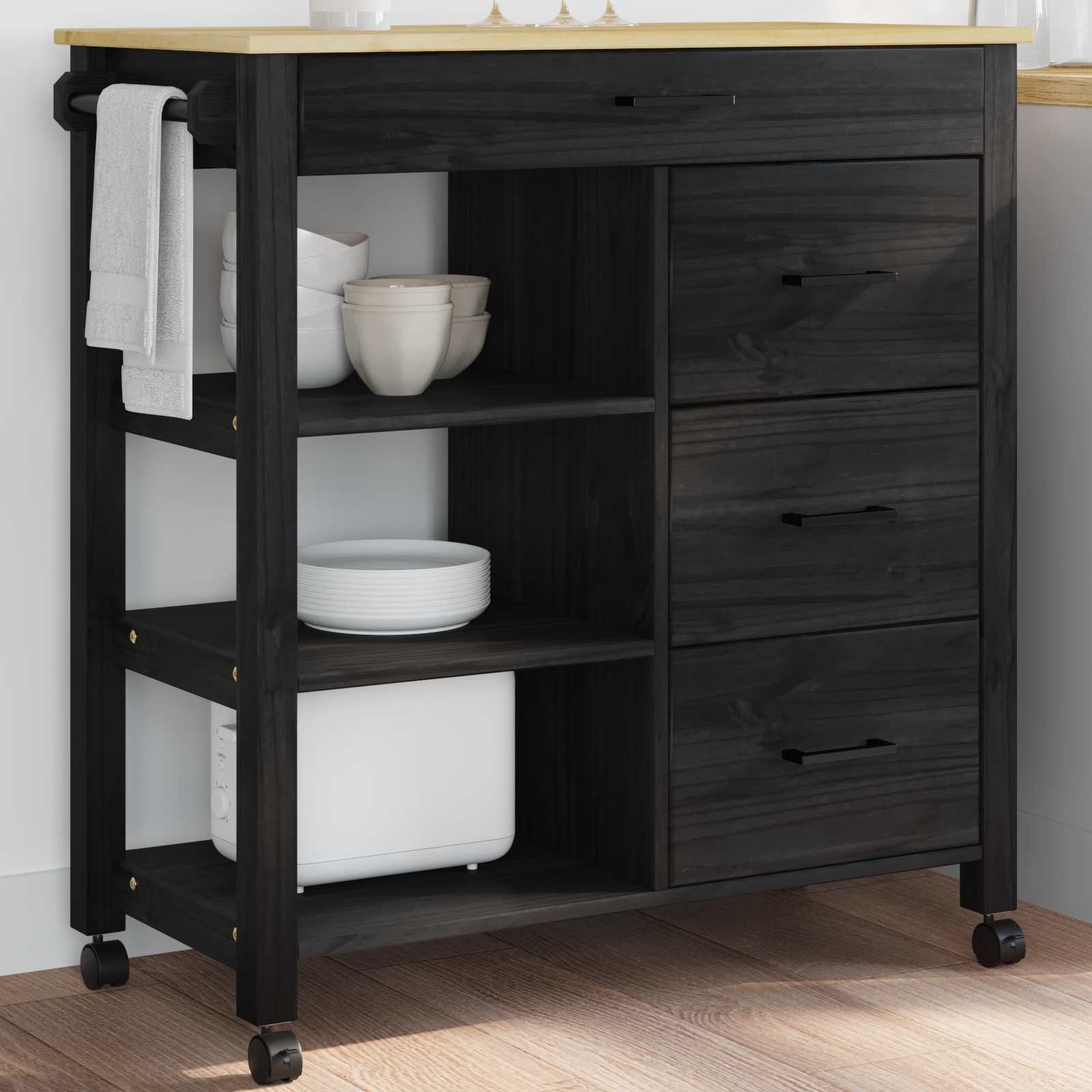 vidaXL Küchenwagen Küchentrolley MONZA Schwarz 84 x 40 x 88,5 cm Massivholz Kiefer, (1 St)