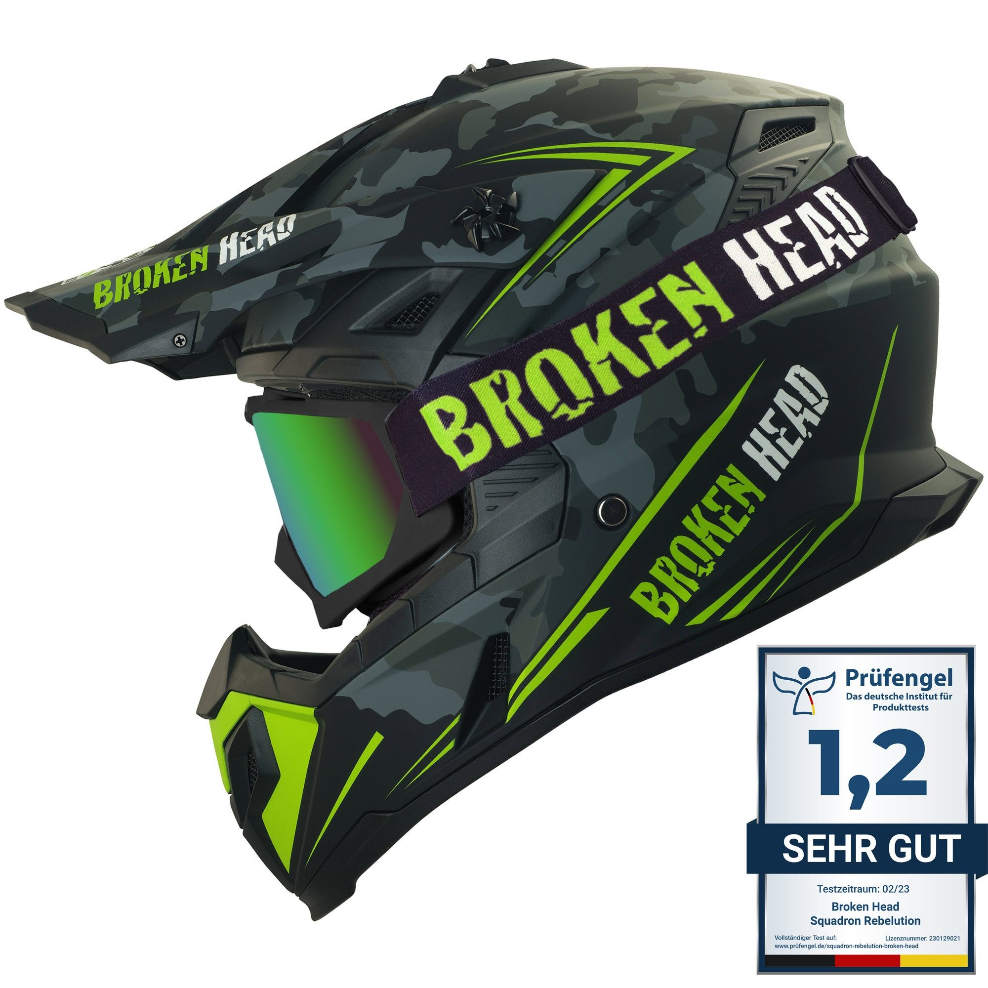 Broken Head Motocrosshelm Squadron Grau-Grün (Mit MX-2 Brille Schwarz), Zwei Verschlüsse