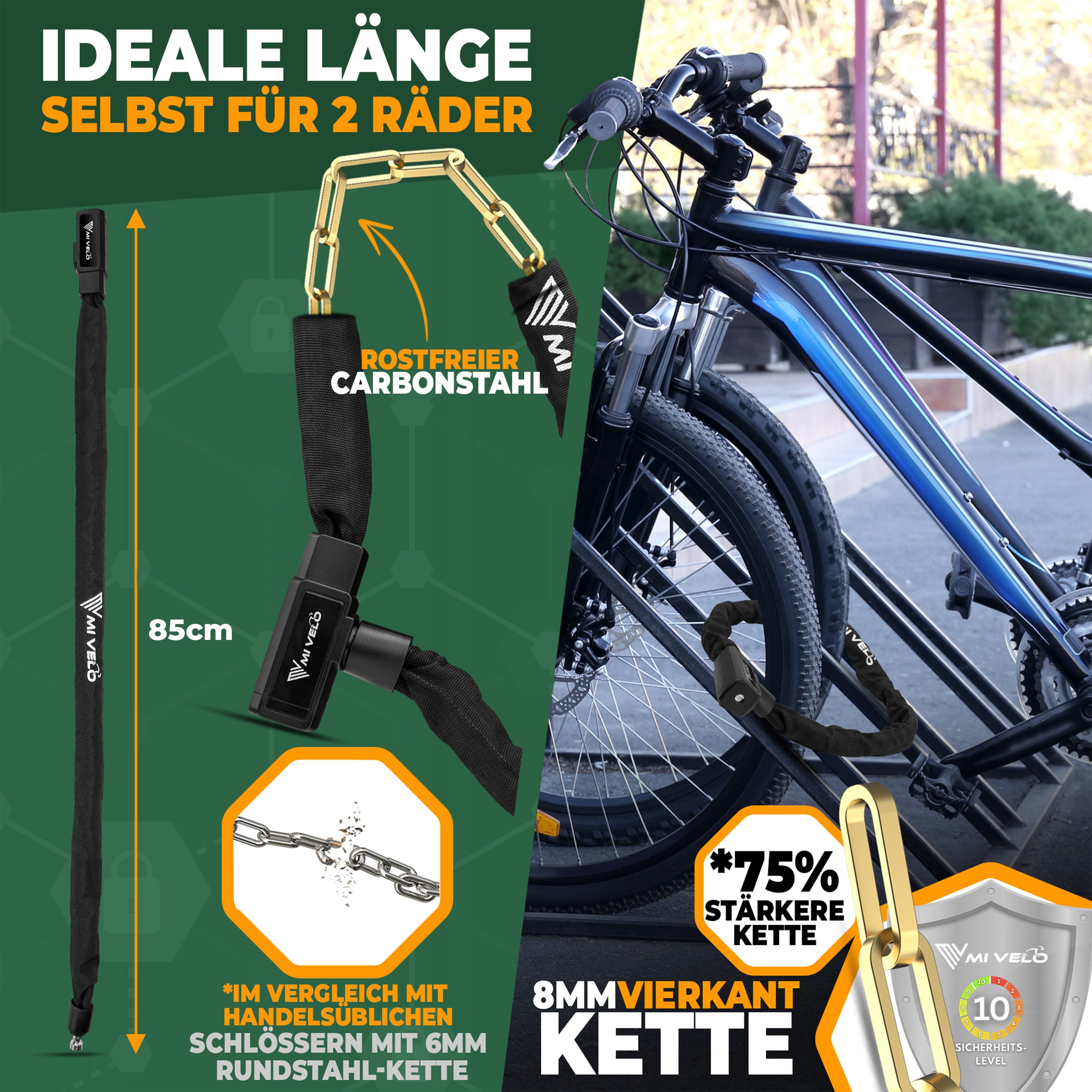 MIVELO Kettenschloss MIVELO FAHRRADSCHLOSS mit Schlüssel 85 cm Fahrrad Schloss, Vierkantstahl