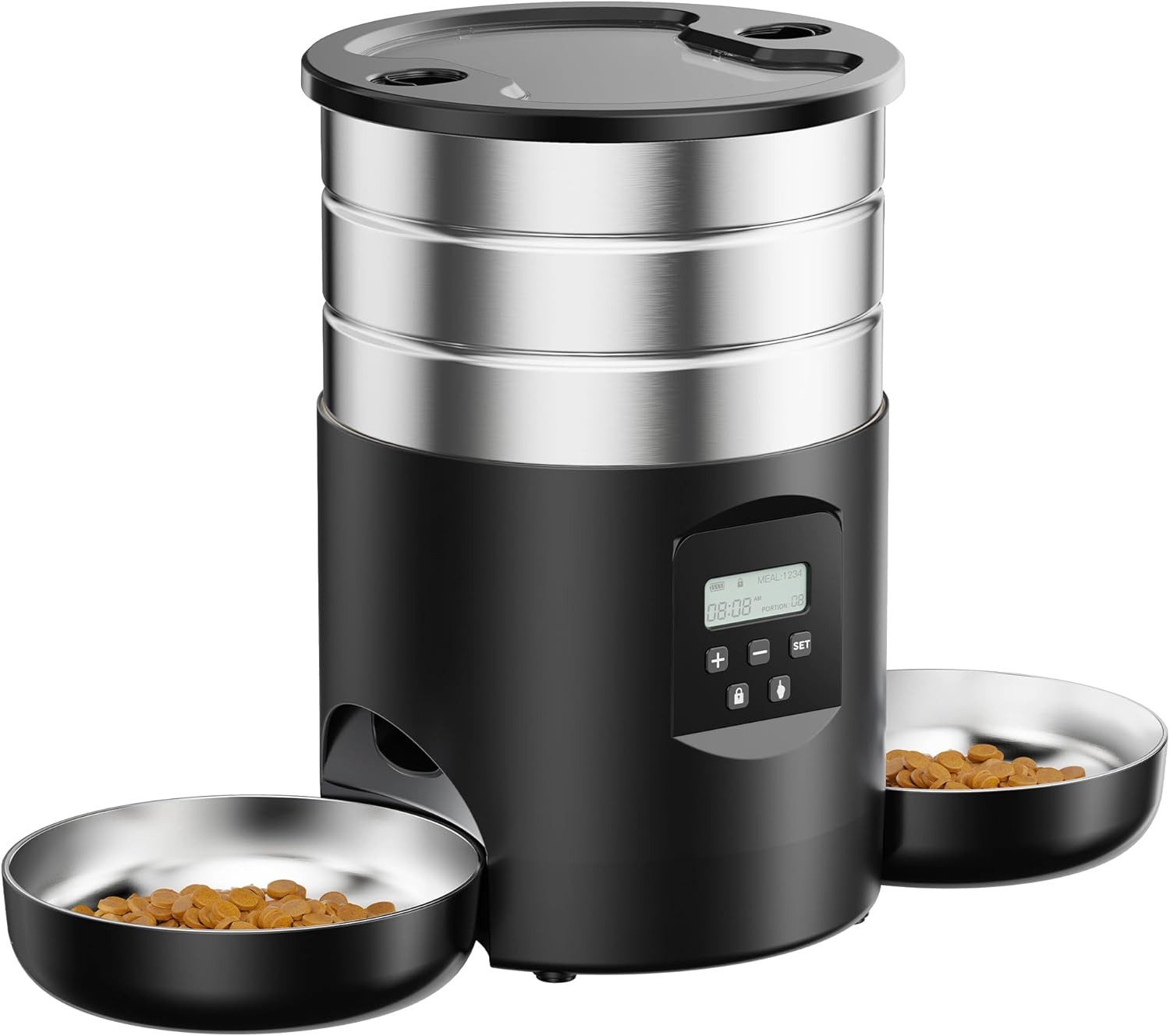 FELIXLEO Fisch-Futterautomat Futterautomat Katze 2 Naepfe Edelstahl Futterspender 5L Timer