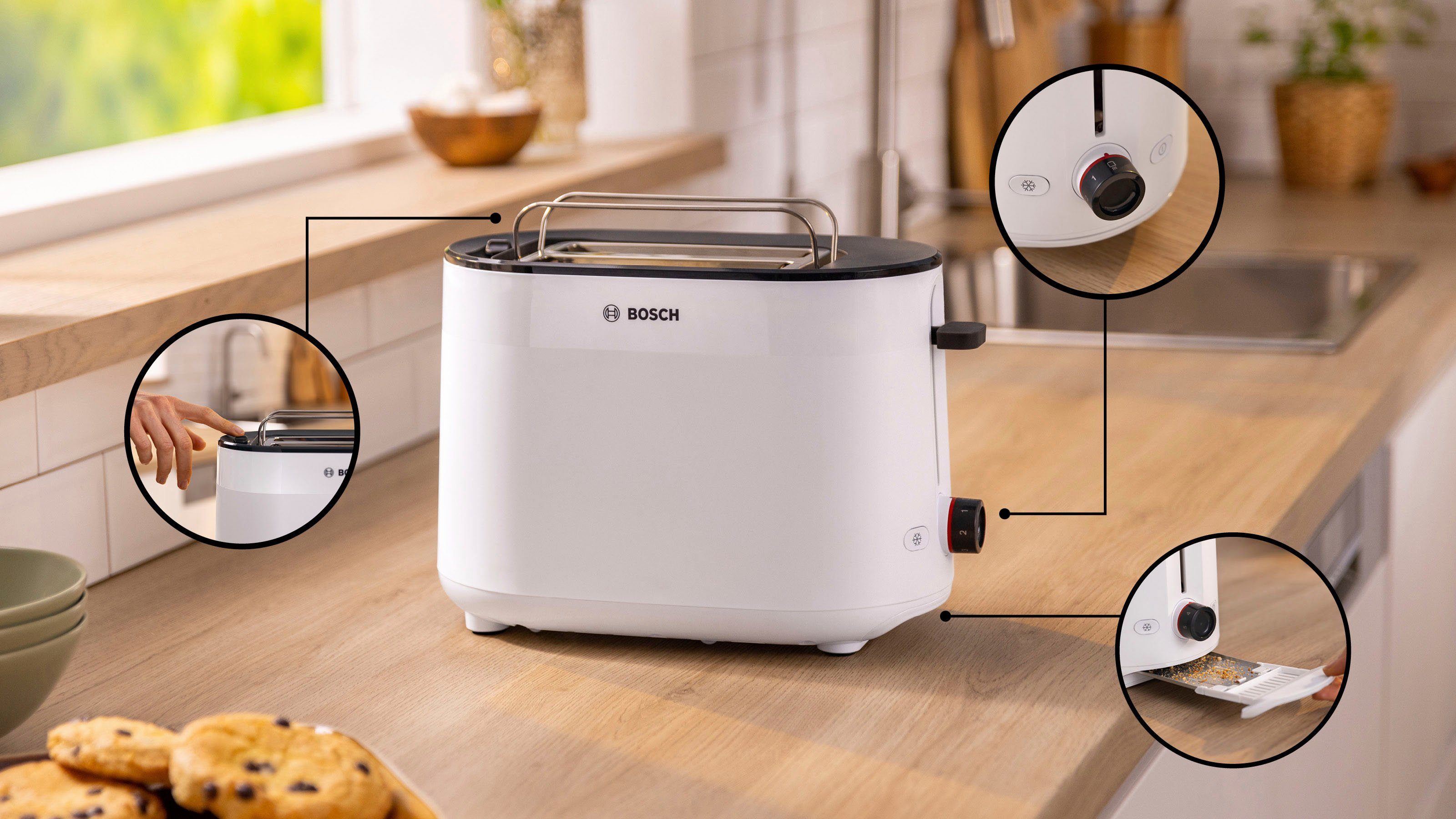 BOSCH Toaster MyMoment TAT2M121, 2 Schlitze, für 2 Scheiben, 950 W, integrierter Brötchenaufsatz, Auftaufunktion, Brotzentrierung, AutoOff