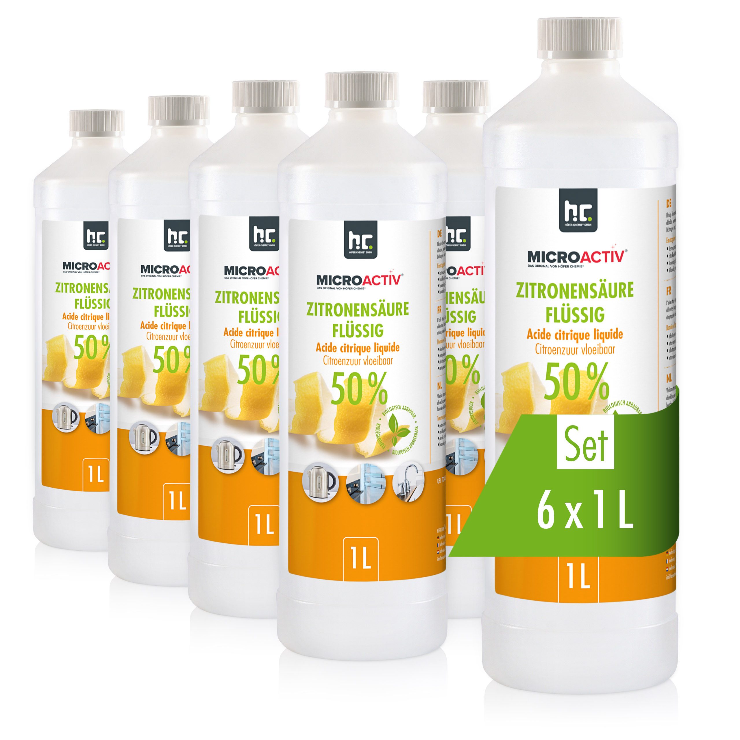 Höfer Chemie GmbH 6x 1 L Microactiv® Zitronensäure 50% flüssig Grundreiniger (Kraftvolle Kalklösung und vielseitig im Haushalt einsetzbar)