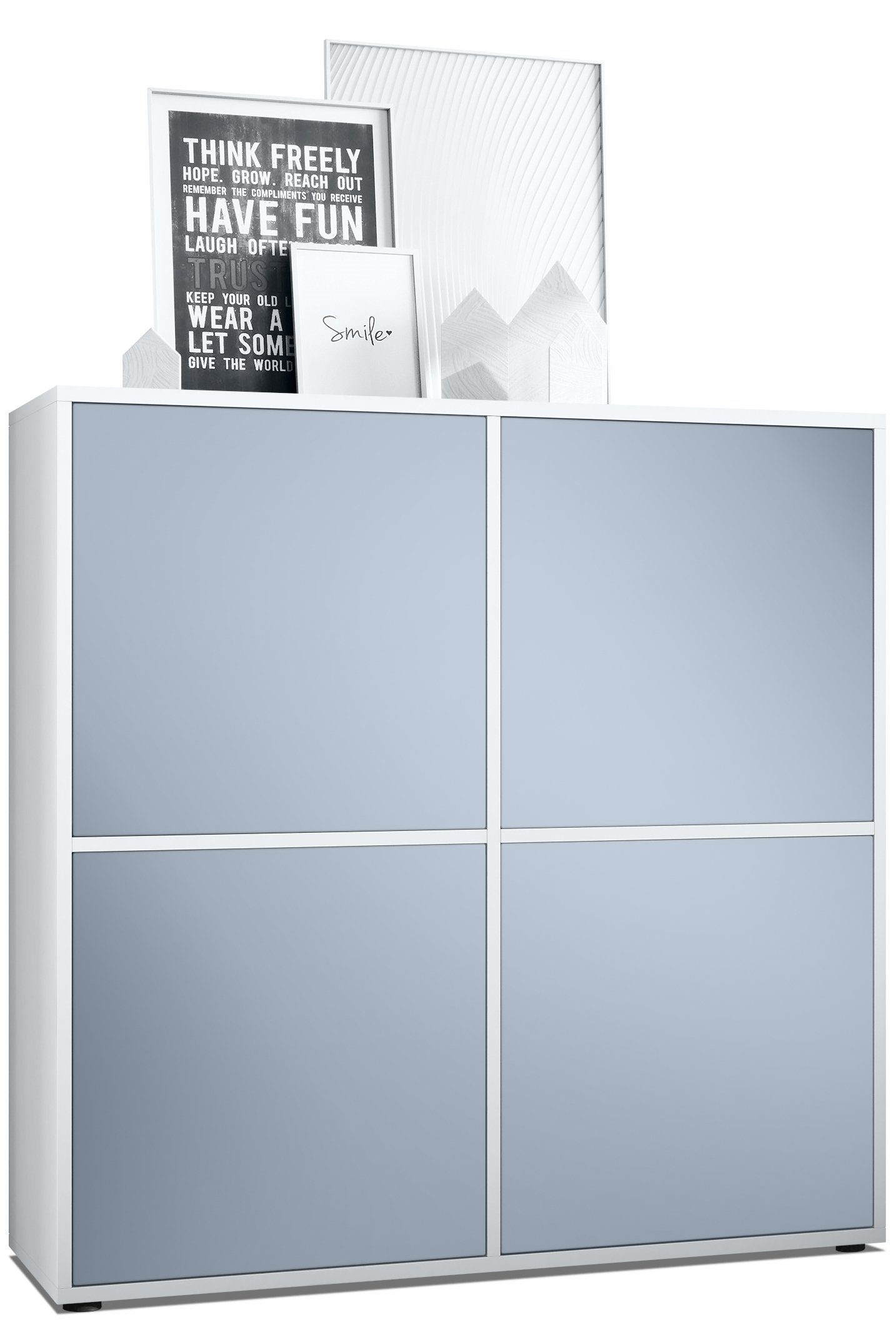 Vladon Highboard Cuba V2 (Schrank, 104 x 105,5 x 35,5 cm Sideboard mit 8 Fächern), Korpus in Weiß matt / Fronten in Denim matt