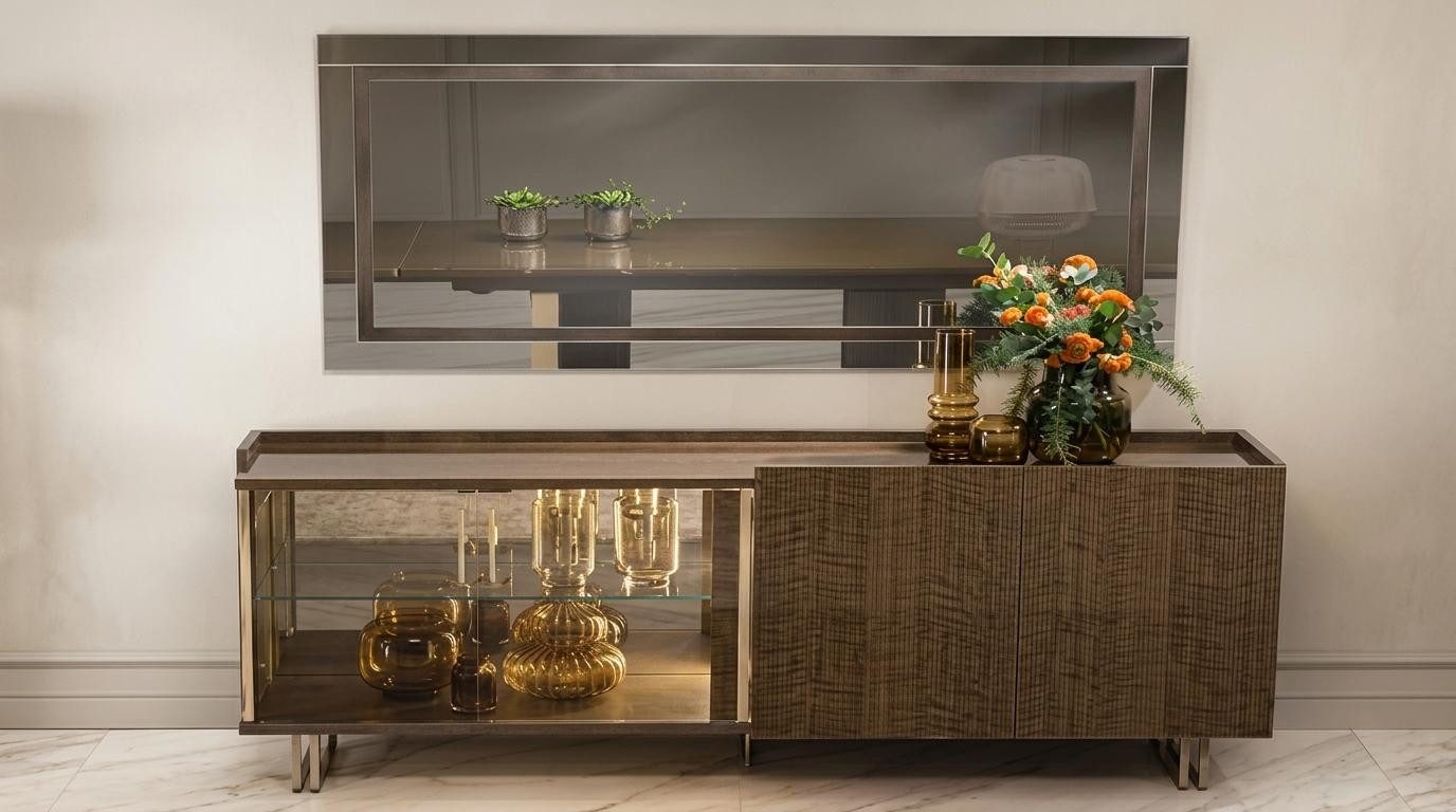 JVmoebel Wandspiegel Eleganter Glas Wandspiegel mit breitem Rahmen und dunklem Innenrand, Made in Europa