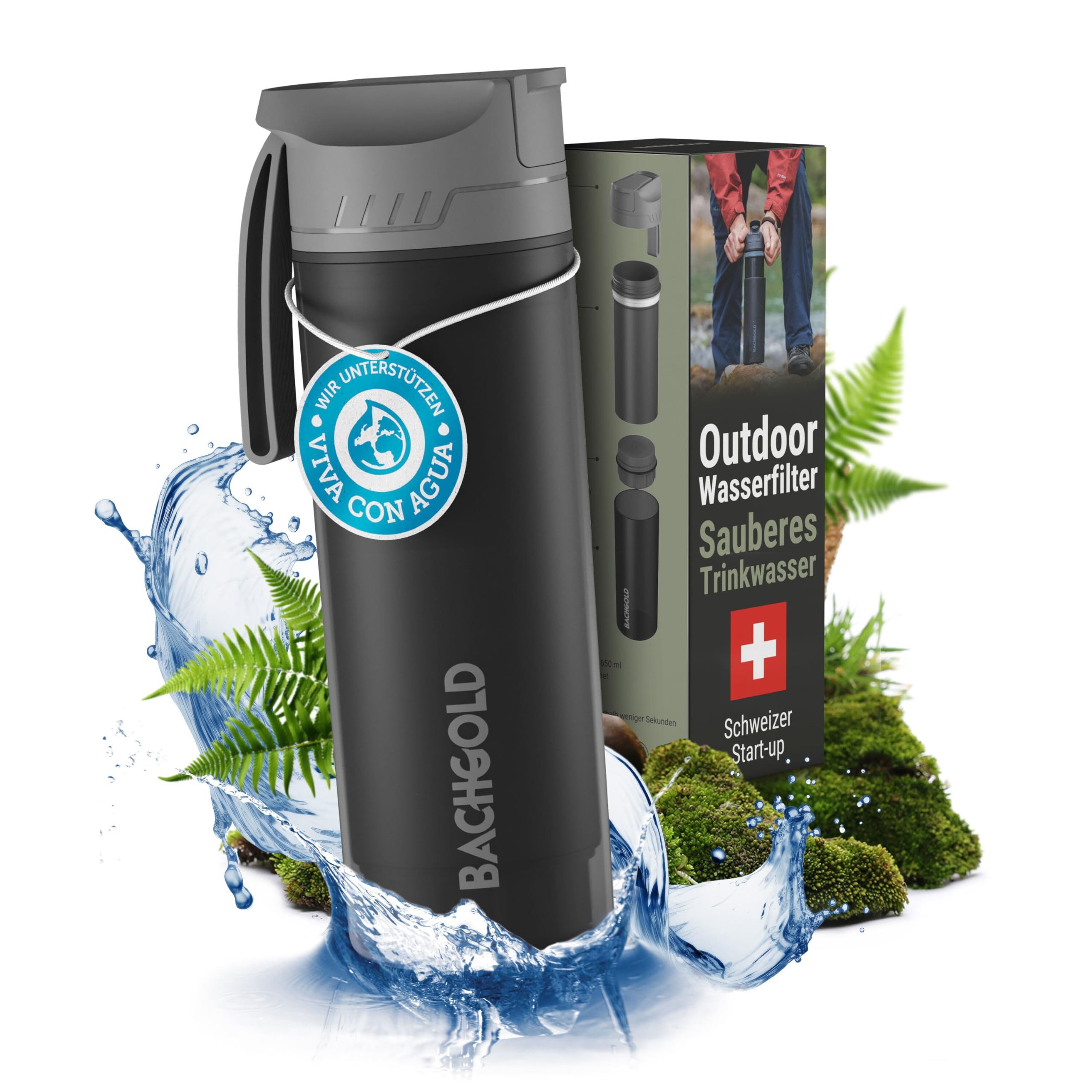 BACHGOLD Trinkflasche Profi Outdoor Wasserfilter Flasche mit 1500L Filterkapazität, Entfernt 99,99 % Bakterien & filtert Viren, Partikel & Schwermetalle