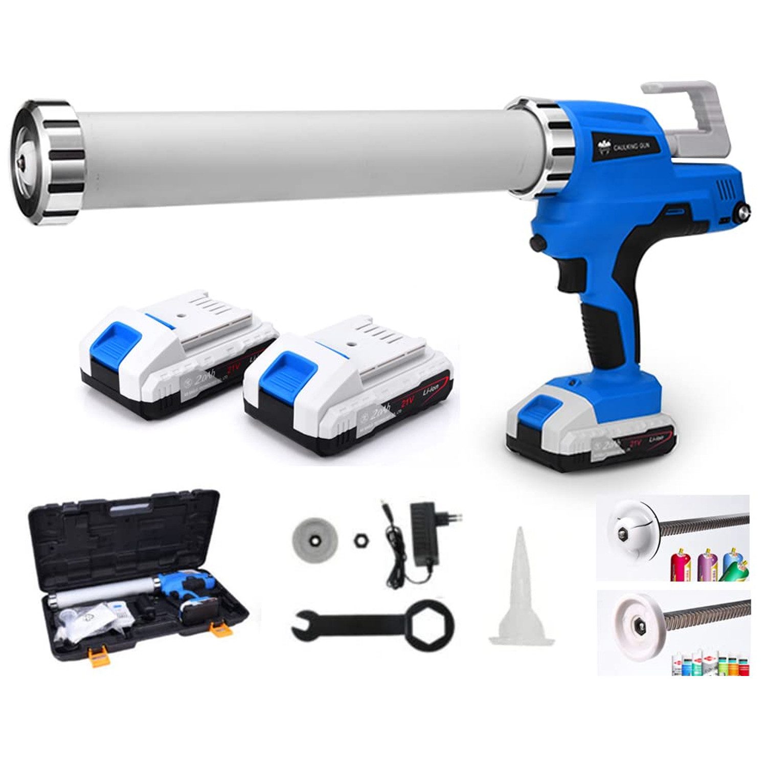 XERSEK Heißklebepistole Akku-Kartuschenpistole mit 2X Akku Elektrische Kartuschenpresse, (Silikonspritze Kartuschenpistole Katuschenspritze Auspresspistole LED 6500N, 6-stufig einstellbar, 0-9 mm/s stufenlos, Von Schlauchbeutel & Kartuschen)