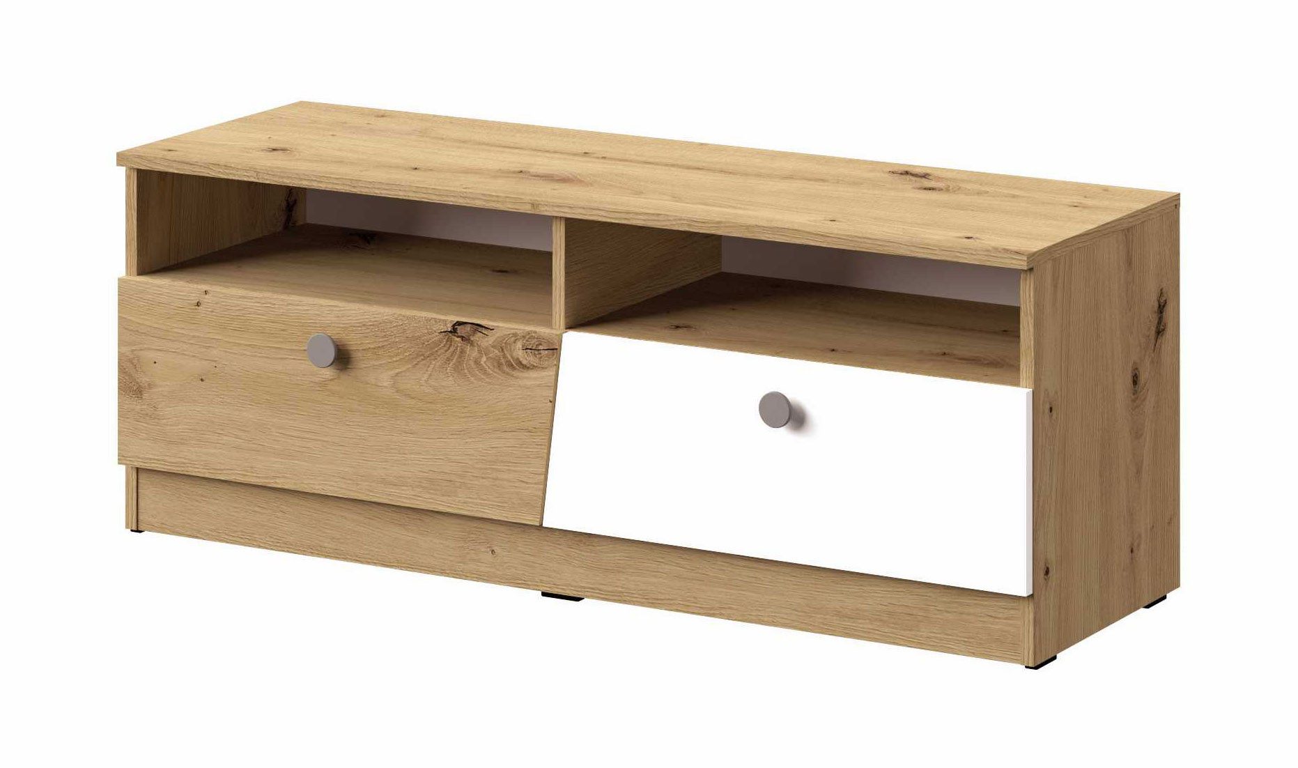 Feldmann-Wohnen Lowboard Nero (unten 2 Klappen, 1 St., oben 2 offene Fächer), 120x40x45cm Weiß-Matt / Griffe Grau