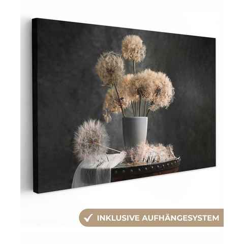 OneMillionCanvasses® Leinwandbild Blumensamen - Löwenzahn - Vase - Stilleben - Blumenstrauß, Schwarz, Beige, Weiß (1 St), Leinwand Bilder Klein, Wand Dekoration 30x20 cm