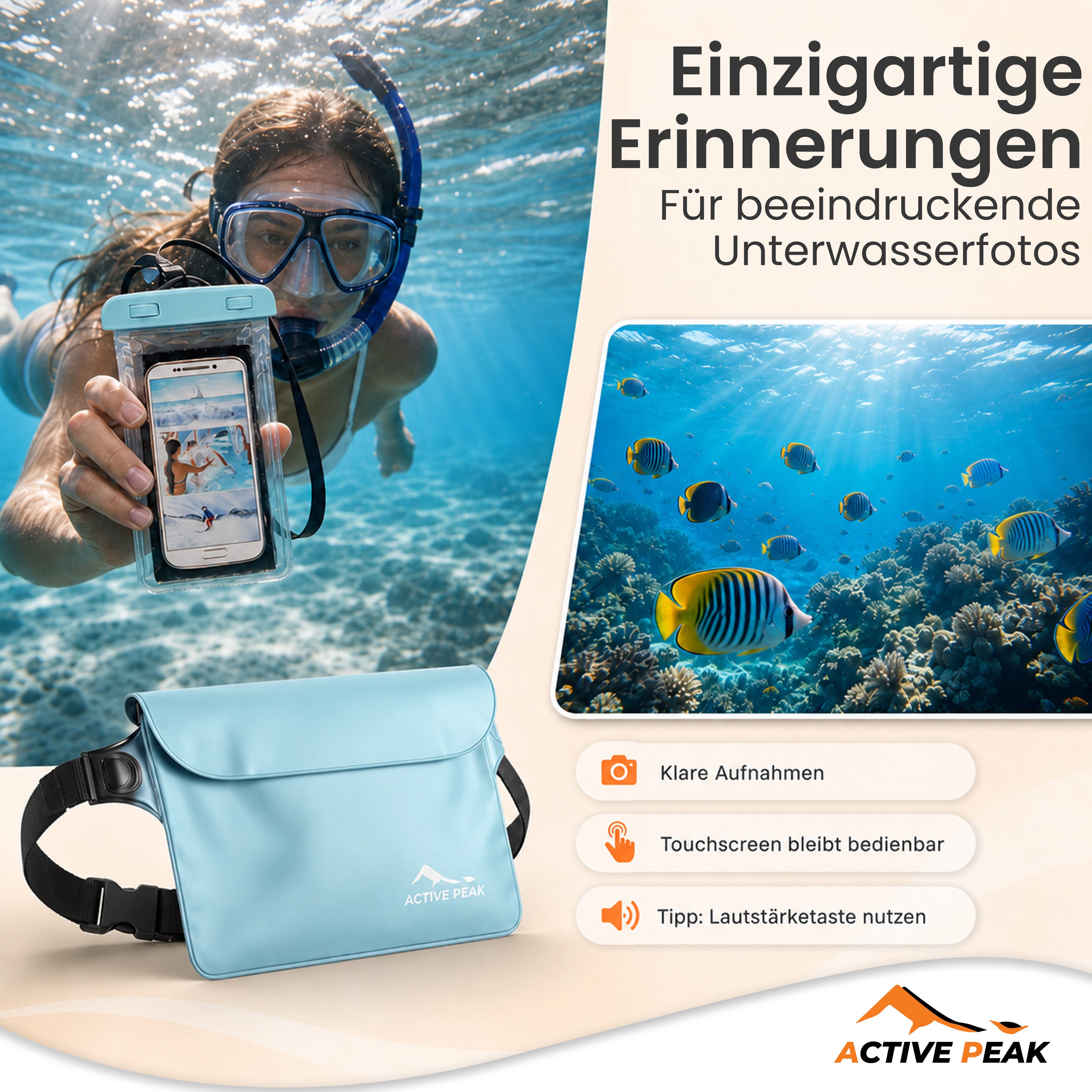Active Peak Drybag Wasserdichte Tasche, Bauchtasche & Wasserdichte Handyhülle (2-tlg), Waterproof Bag für Kajak, Strand, Urlaub uvm.