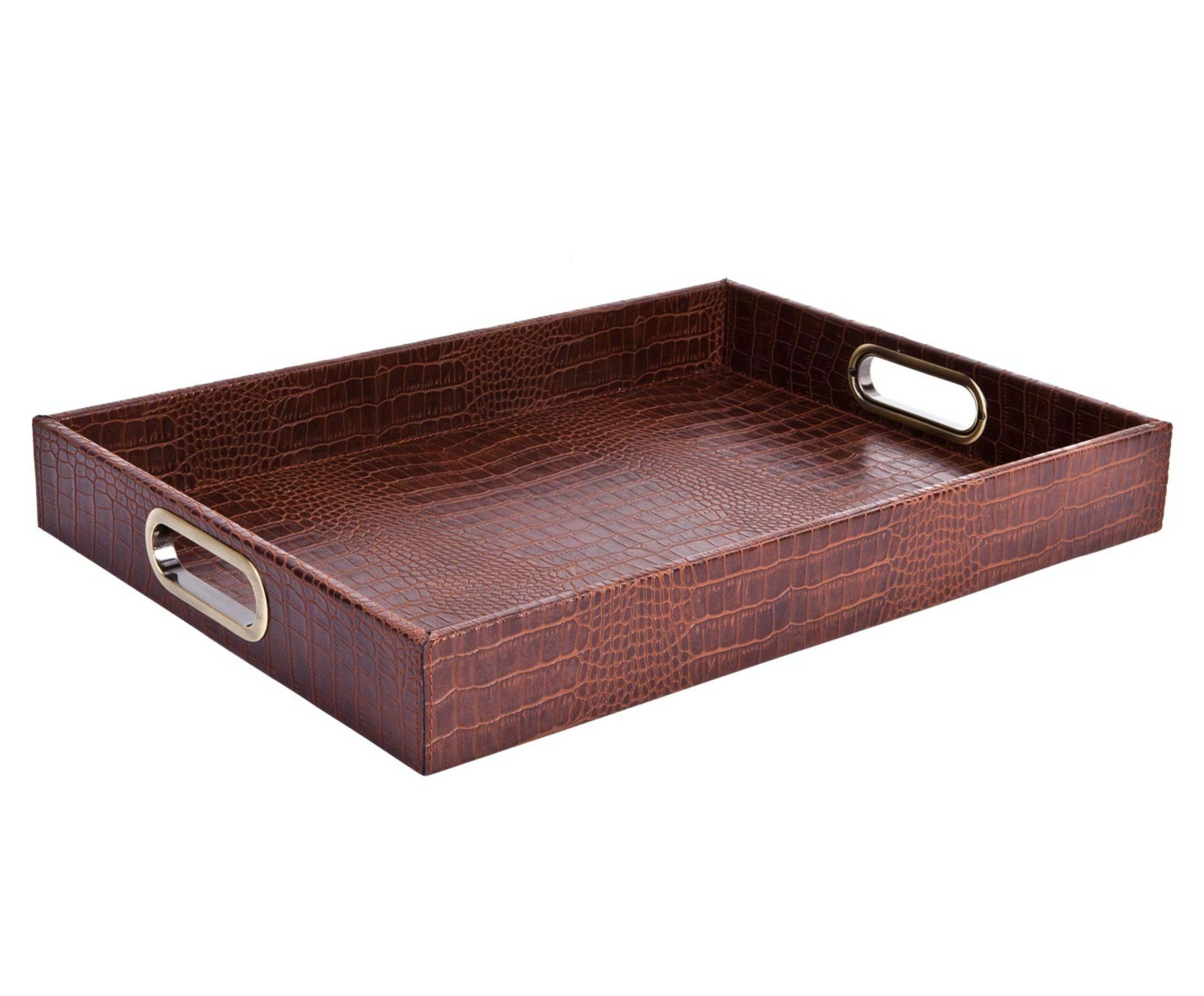 Signature Home Collection Tablett Tablett rechteckig Kunstleder Kroko Leder mit Griffen zum Servieren, Kunstleder, Messing, (1 Stück, 1-tlg., 1x Tablett rechteckig Kunstleder), mit stabilen Metallgriffen und hohem Rand zum Servieren