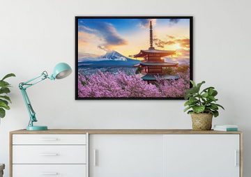 Pixxprint Leinwandbild Japanischer Tempel zwischen Kirschblüten, Wanddekoration (1 St), Leinwandbild fertig bespannt, in einem Schattenfugen-Bilderrahmen gefasst, inkl. Zackenaufhänger