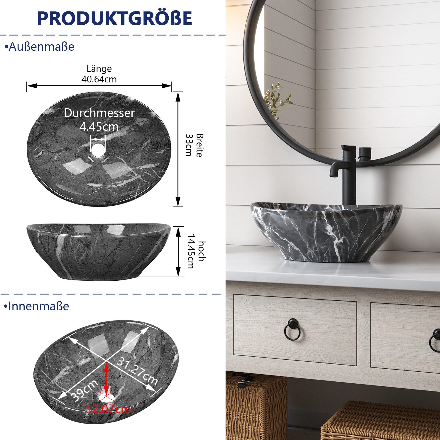 DeerValley Aufsatzwaschbecken DeerValley Oval Keramik Aufsatzwaschbecken Badezimmer Gäste-WC 40x33cm (Packung, ohne Armatur und Ablaufgarnitur), Ovale Keramik-W – Bild 5 von 5