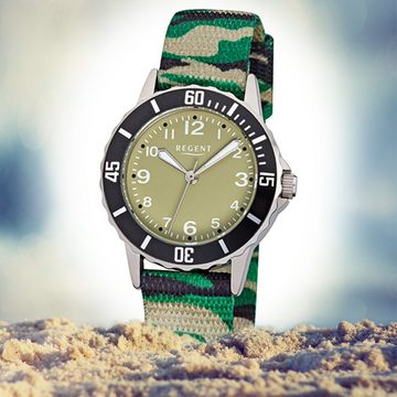 Regent Quarzuhr Regent Kinder-Armbanduhr grün schwarz, (Analoguhr), Kinder Armbanduhr rund, mittel (ca. 32mm), Textilarmband
