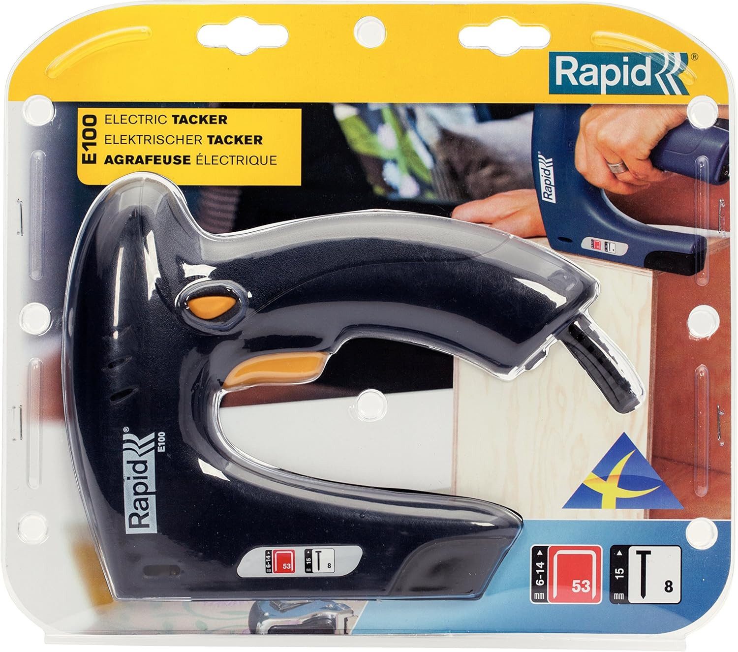Rapid Elektro-Tacker E100 Elektrotacker für Klammern und Nägel Tackerpistole, (1 tlg), Typ 53 (6–14 mm) und Nägel Typ 8 (15 mm)-Holz, Stoff, Karton & Papier