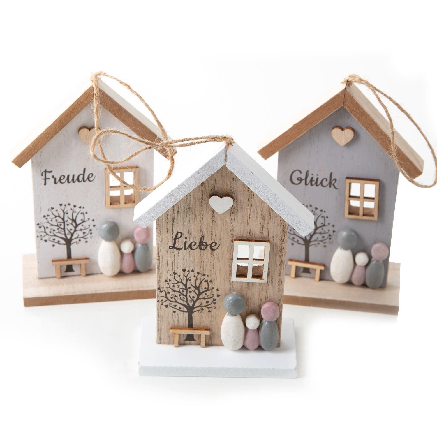 Logbuch-Verlag Dekofigur 3 Holzhäuser zum Aufhängen Deko Haus Liebe Glück Freude Geschenk Set