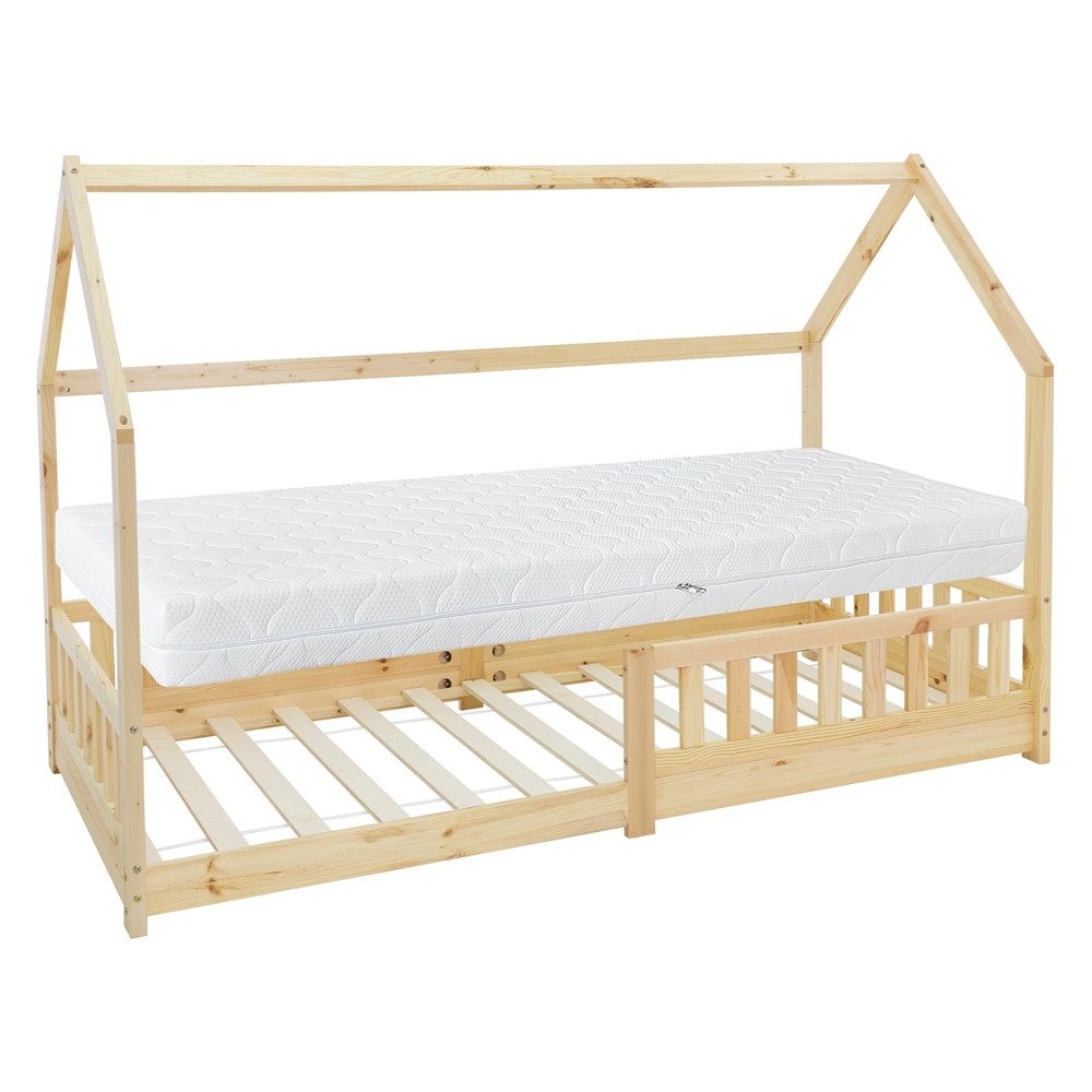 ML-DESIGN Spielbett Hausbett Kinderbett inkl. Lattenrost kreativ Bodenbett für Kinder, Abenteuerbett zum Spielen mit Rausfallschutz Kiefer Natur Himmelbett