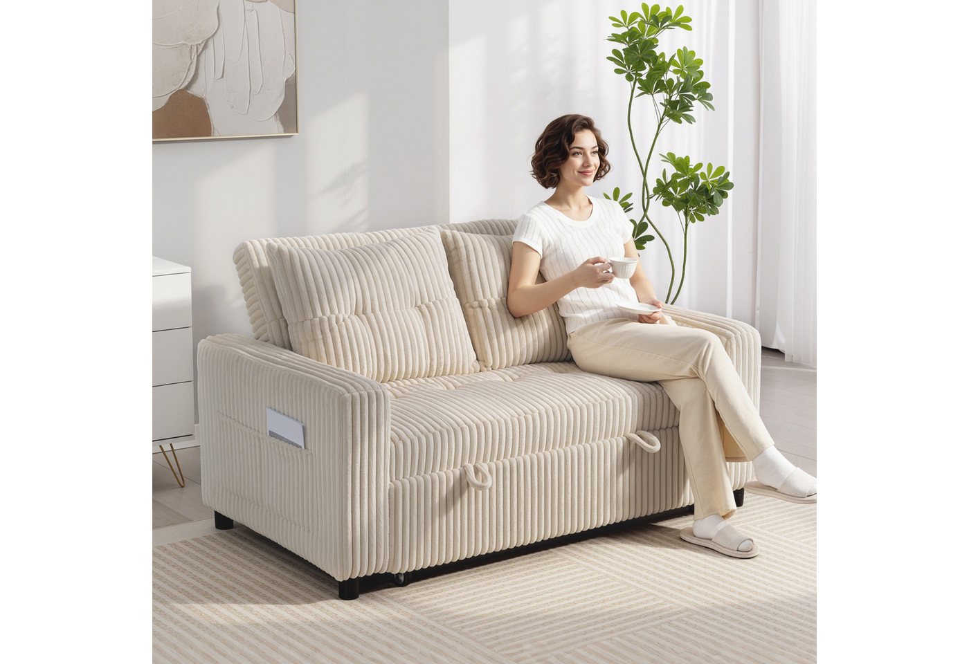 HOMCOM Schlafsofa 2-Sitzer Sofa, Schlafcouch mit Seitentasche, Kordoptik, 157x190cm, Verstellbare Couch 1 Teile, 2-Sitzer-Polstersofa mit verstellbarer Rückenlehne, Cremeweiß