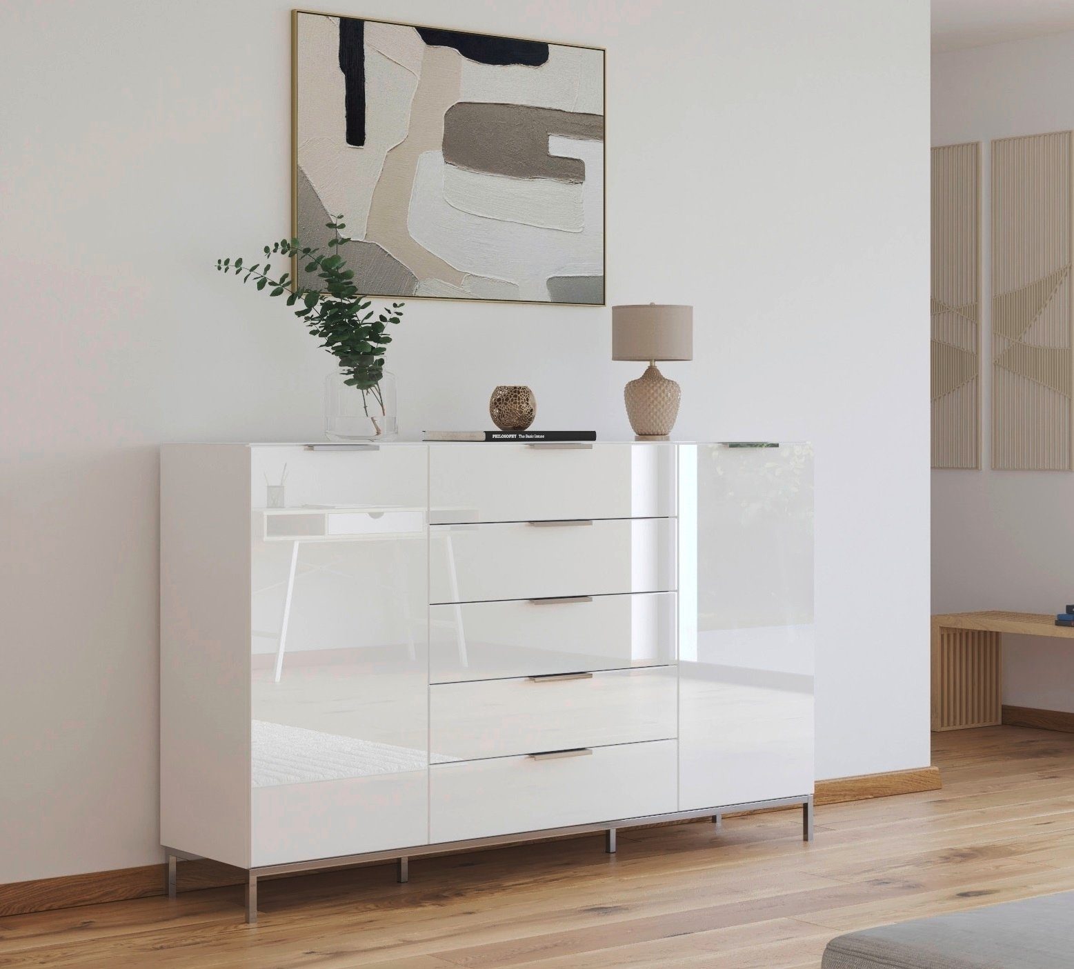 rauch Schubkastenkommode Kommode Türkommode Sideboard Kombikommode FLIPP mit Glasfront (Breite 160/180 cm mit 4 Einlegeböden), 2-türig, 5 Schubladen, Soft-Close, Oberboden und Front Glas, 2 Breiten