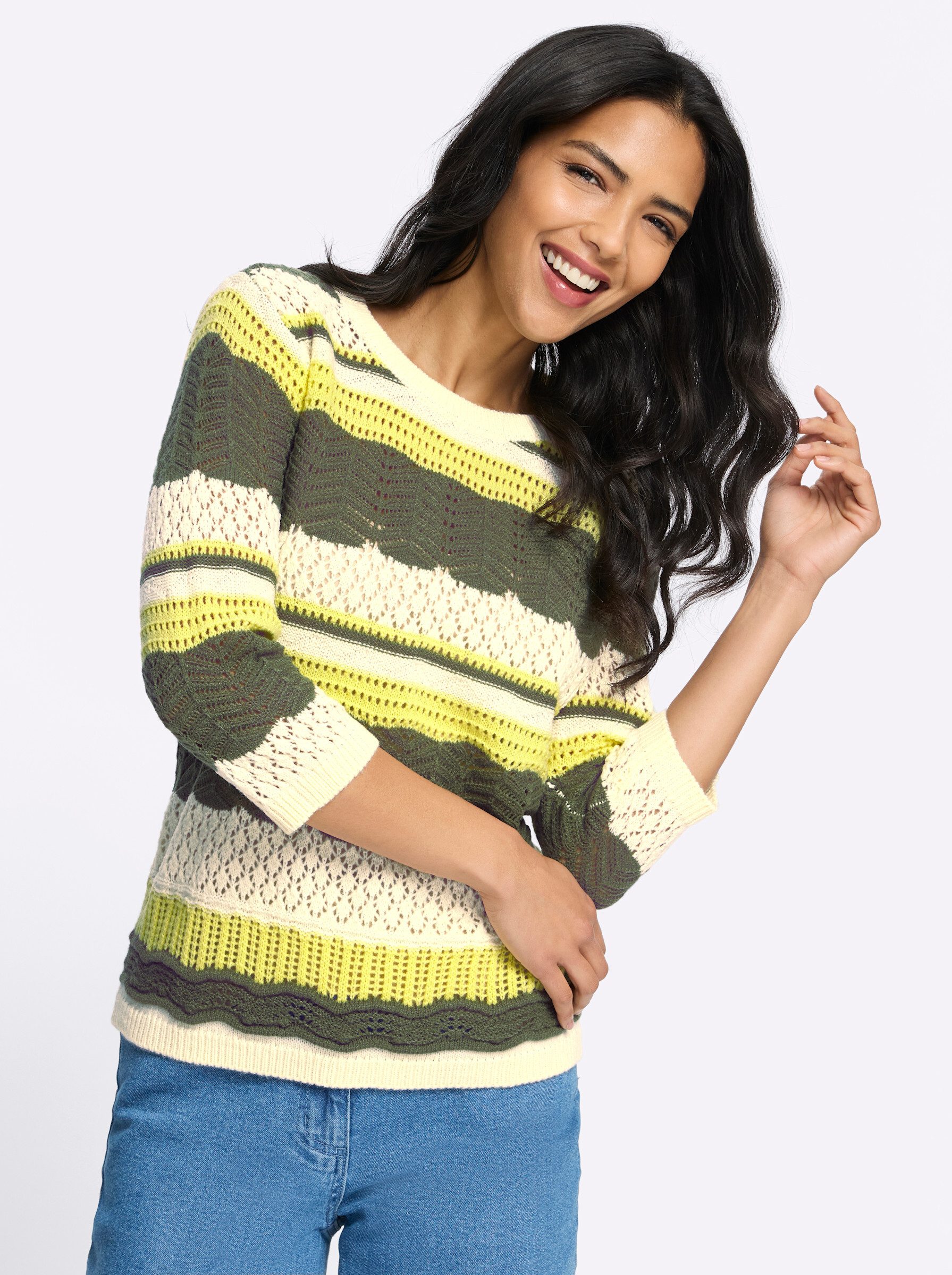 Sieh an! Strickpullover 3/4-Arm-Pullover 3/4-Arm Ajour, Grobstrick