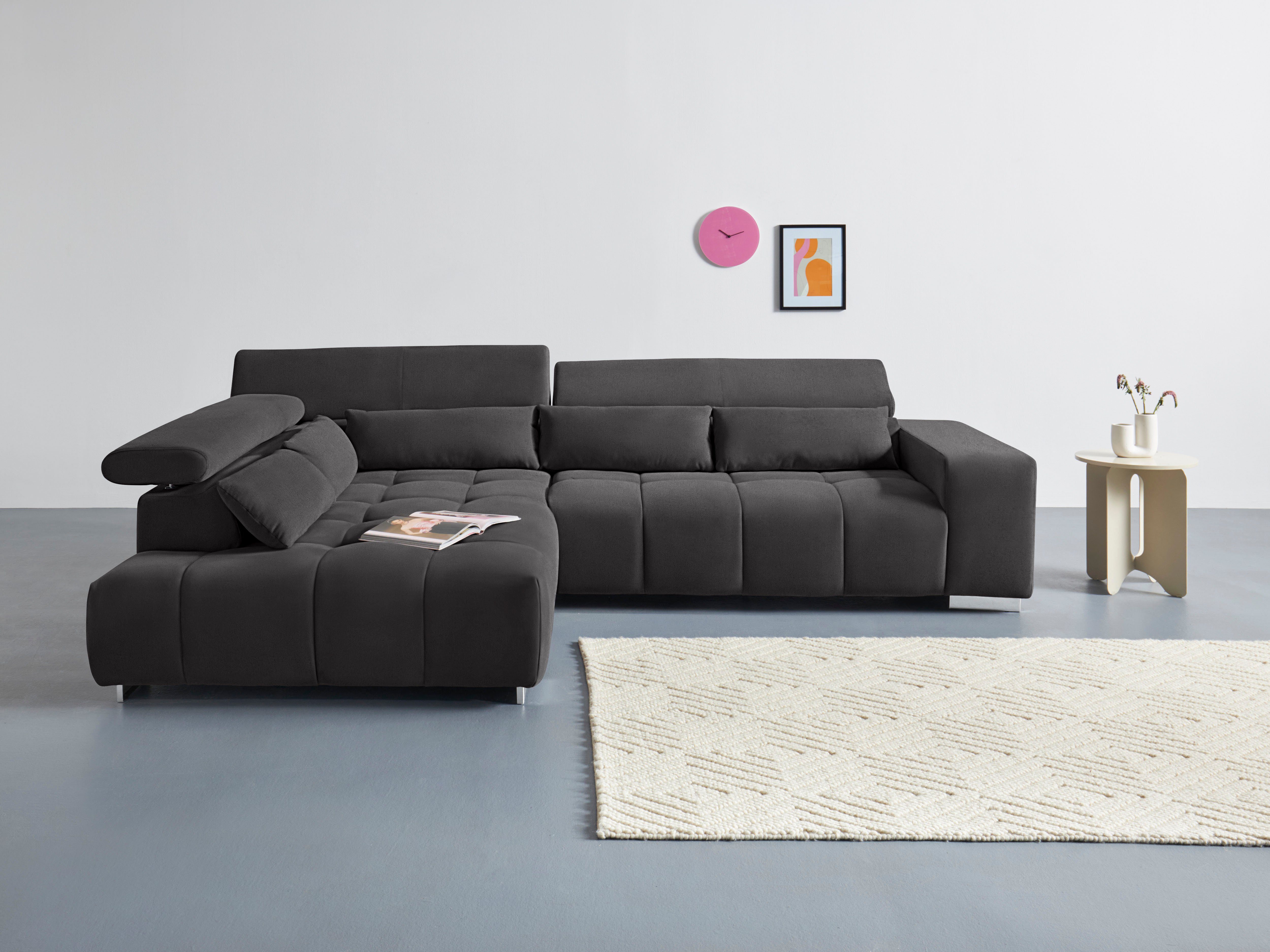 COTTA Ecksofa Orion L-Form, B: 310 cm, moderne Steppung, bequeme Wellenunterfederung, Kopfteilverstellung & 5 Nierenkissen