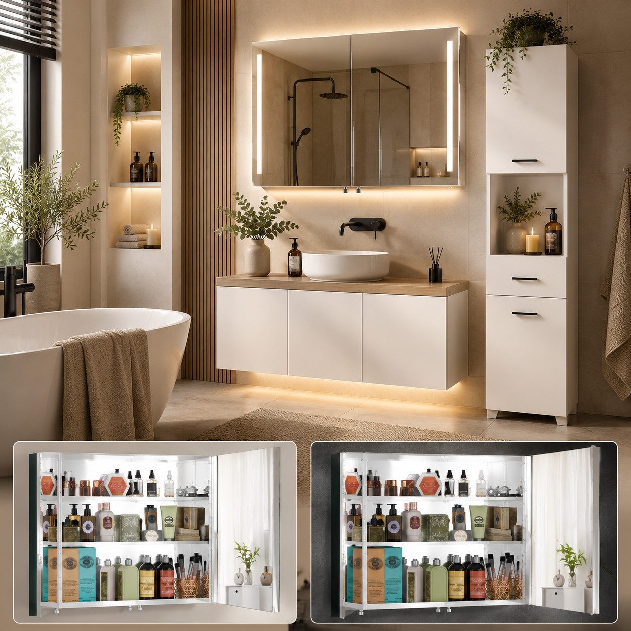 Diyarts Badezimmerspiegelschrank (Spiegelschrank, Badezimmerschrank) 2 Spiegeltüren und Ablagefächern, wandhängend