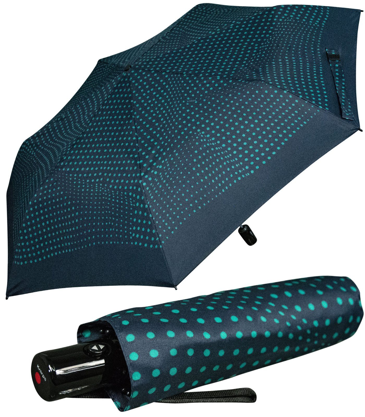 Design Difference - mit Knirps® kompakter türkis leichter, Auf-Zu-Automatik, schönes navy Schirm Taschenregenschirm Punkte