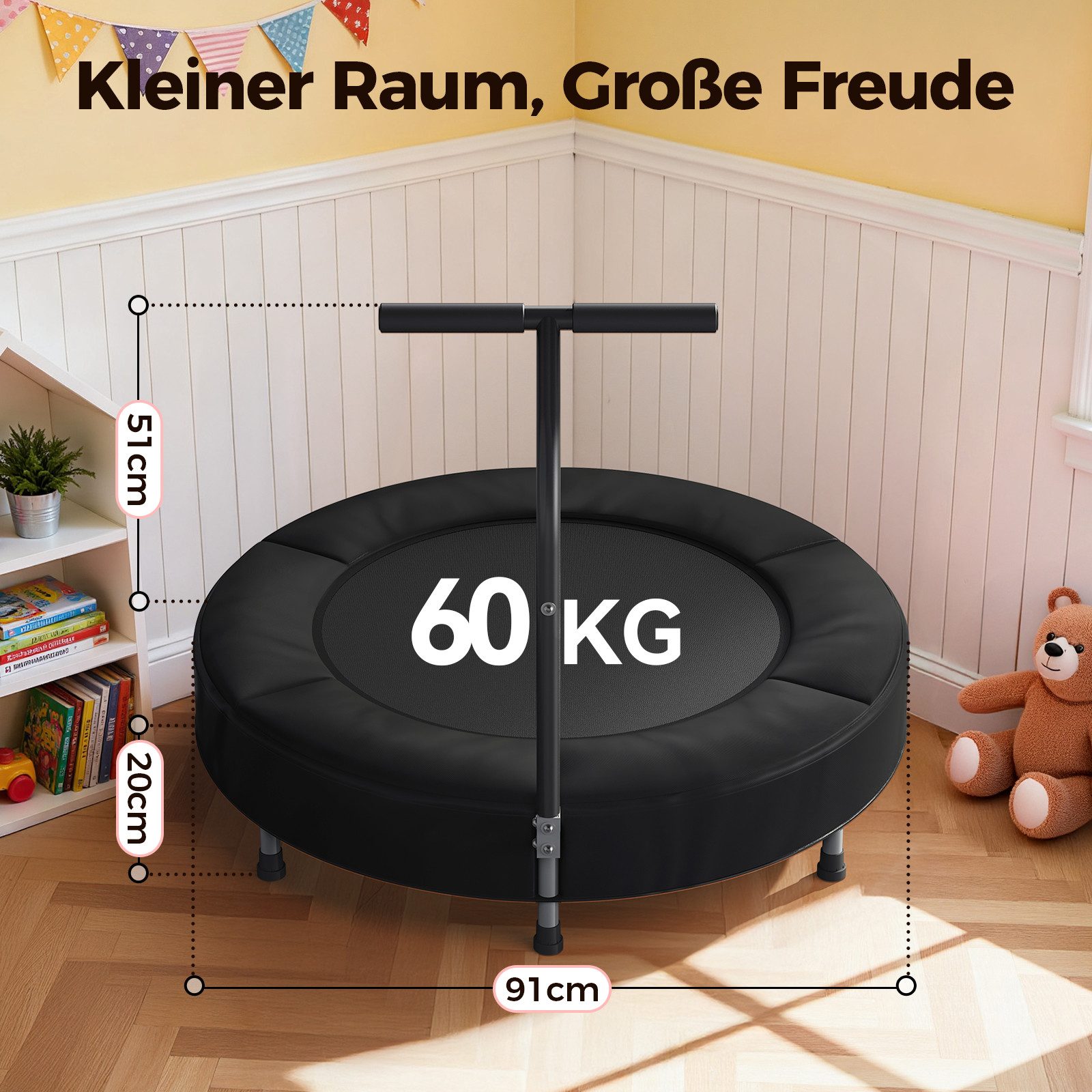 BCAN Kindertrampolin für 1-6 Jährige, mit Schaumgriff & lückenloser Polsterung, Ø 91 cm, (1 tlg), gelenkschonend für Indoor-Spiel
