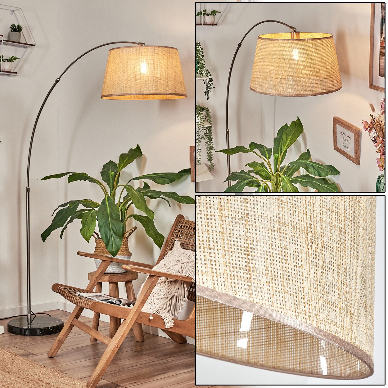 hofstein Bogenlampe Stehlampe aus Metall/Papiergeflecht in Nickel-matt/Schwarz/Natur/Beige, verstellbare Stehleuchte mit Marmorfuß u.Fußschalter, Boho-Design, E27