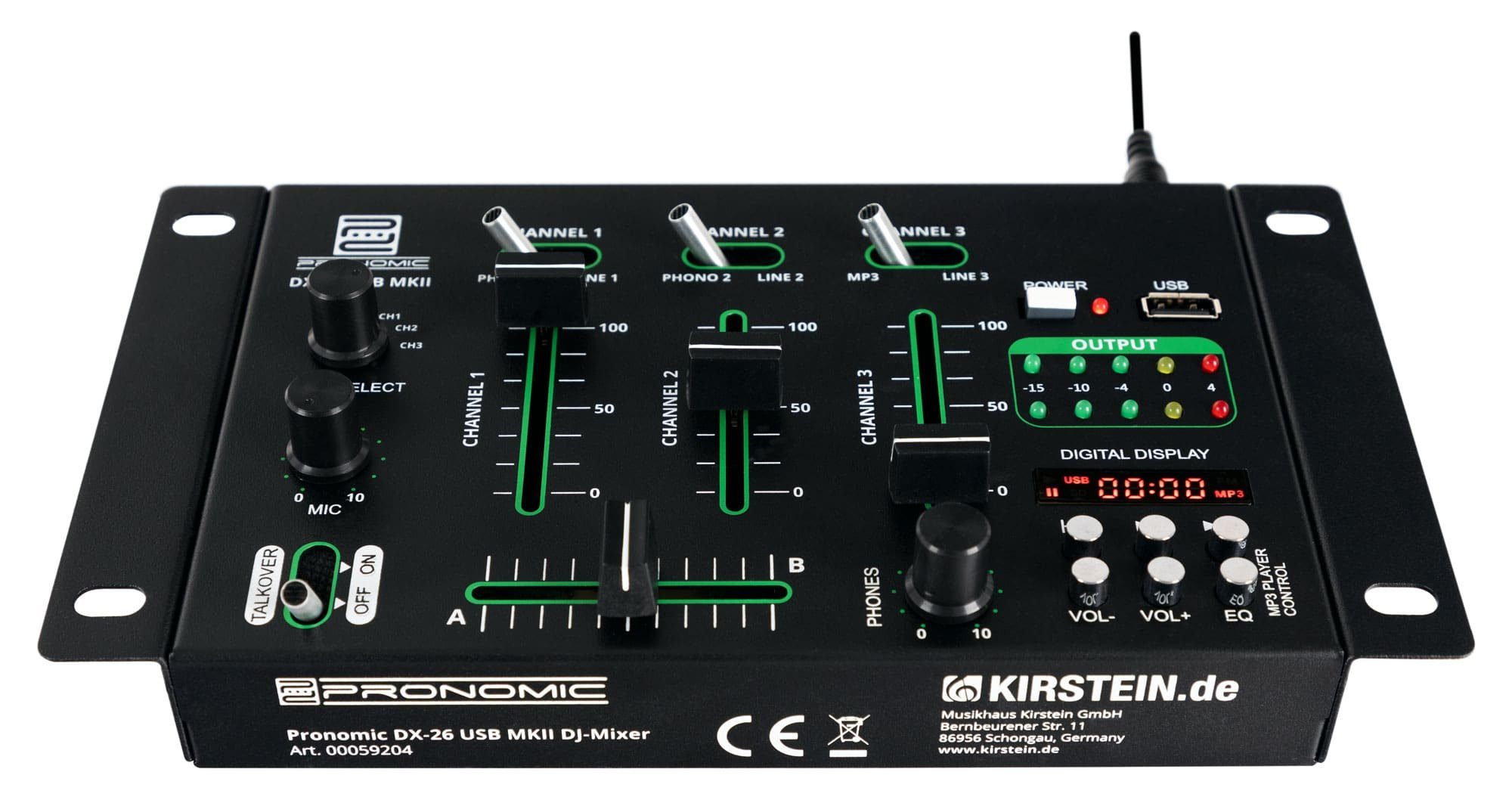 Pronomic DJ Controller DX-26 USB MKII DJ-Mixer - 3-Kanal Mischer mit Cue-Funktion, (Talkover-Funktion), MP3-Player - 2x Line/Phono - 2x Mikrofonanschluss
