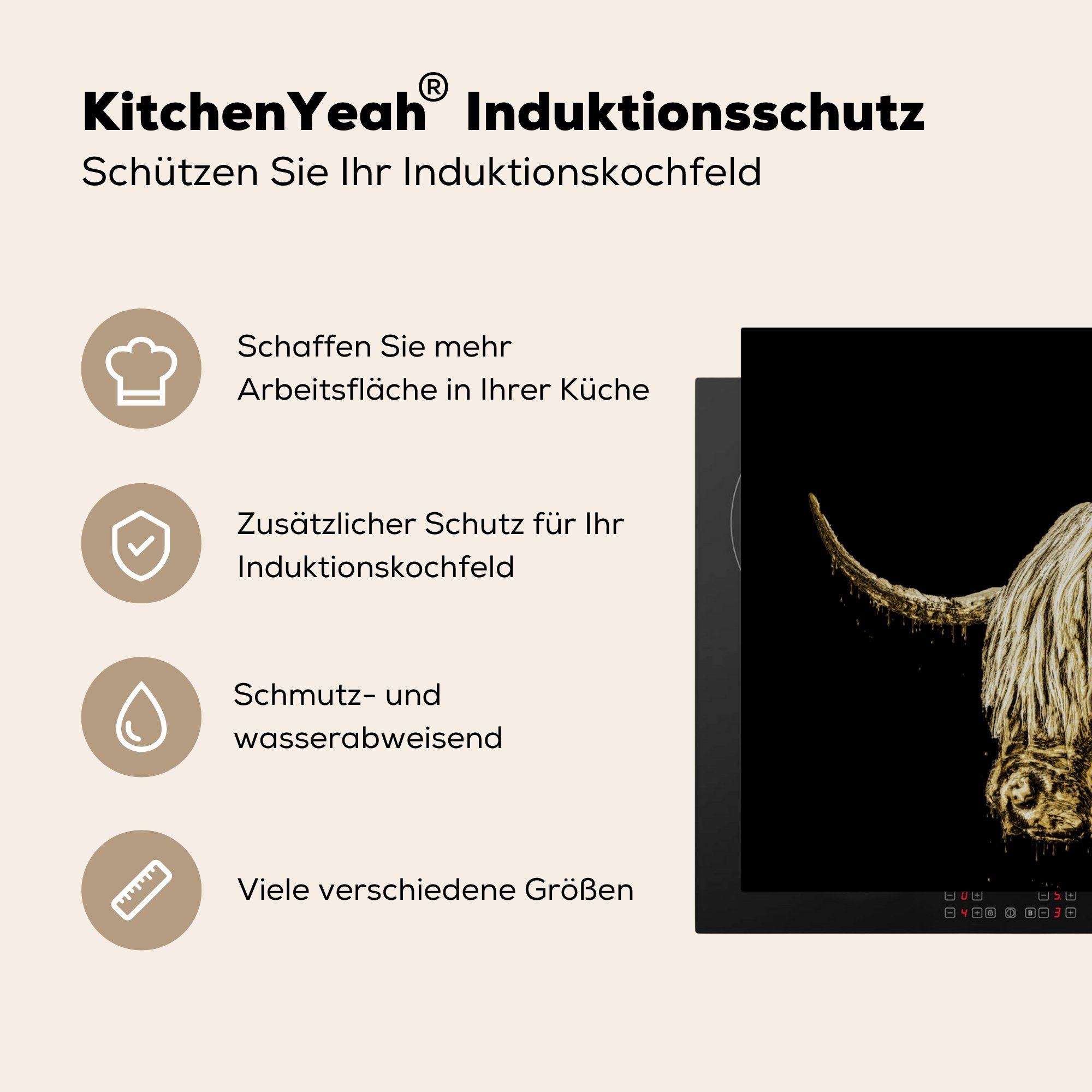 MuchoWow Herdblende-/Abdeckplatte Schottischer Highlander - Kuh für 78x78 - Vinyl, cm, küche Schottische tlg), Gold, Arbeitsplatte (1 Ceranfeldabdeckung