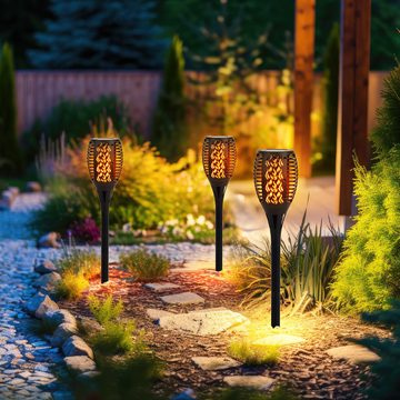 etc-shop Gartenleuchte, LED-Leuchtmittel fest verbaut, 2x LED Außen SOLAR Steck Lampe Weg Garten Fackel Feuer Effekt