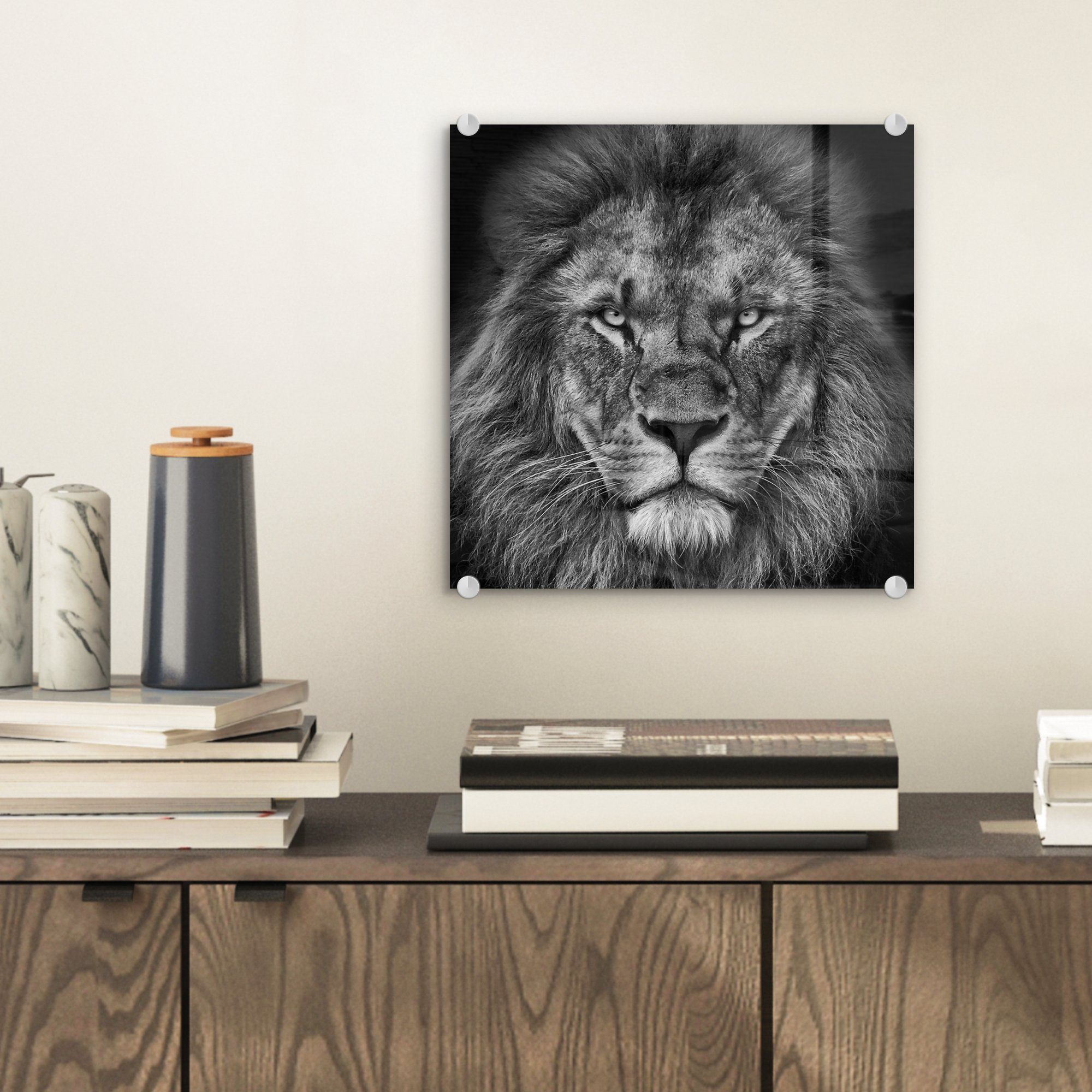 MuchoWow Acrylglasbild Tiere - Löwe - Schwarz - Weiß - Porträt, Inkl. Aufhä günstig online kaufen
