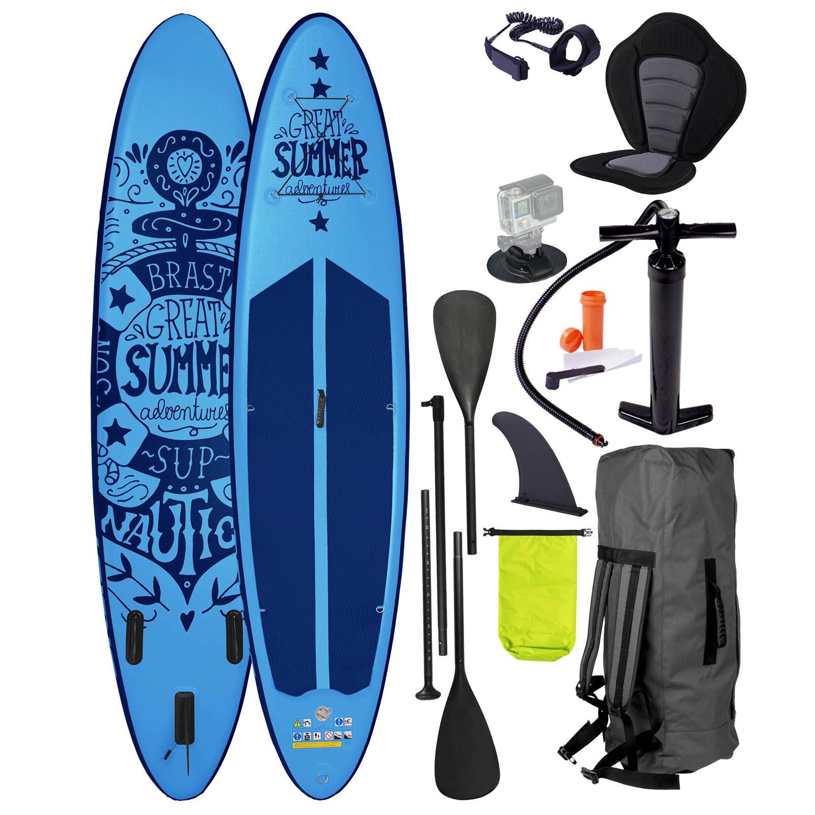 BRAST SUP-Board Summer Aufblasbares Stand up Paddle Set - 320x81x15cm, 5 Jahre Garantie inkl. Sonderzubehör, (2in1 Paddel Kajak-Sitz Action-Cam-Halterung), Fußschlaufe Paddel Pumpe Rucksack