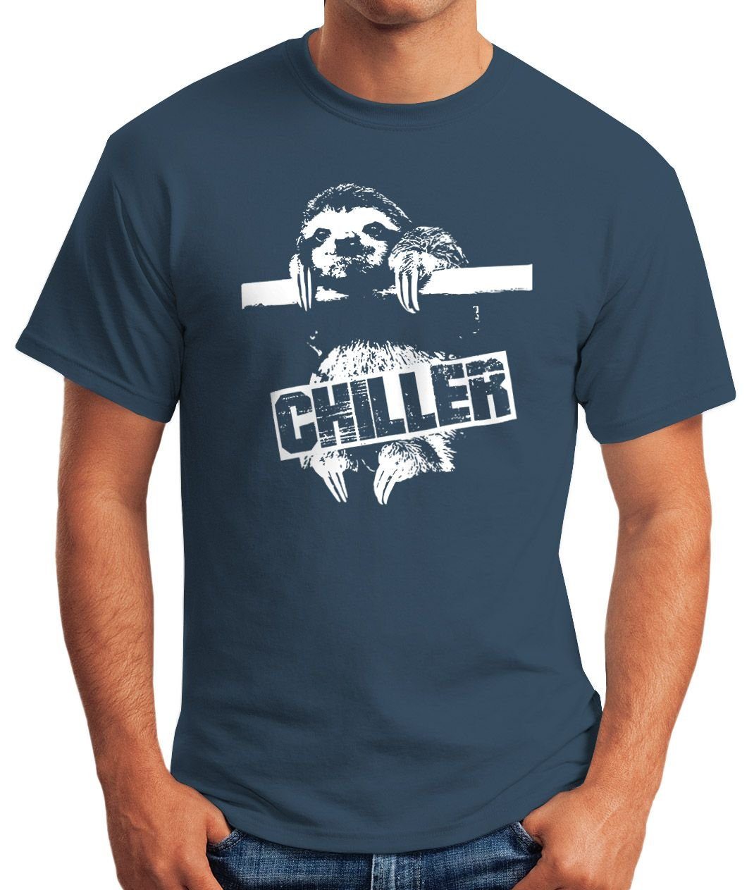 blau Fun Born Faultier MoonWorks Herren Chiller mit Print Shirt Print-Shirt T-Shirt Lustiges Moonworks® Sloth