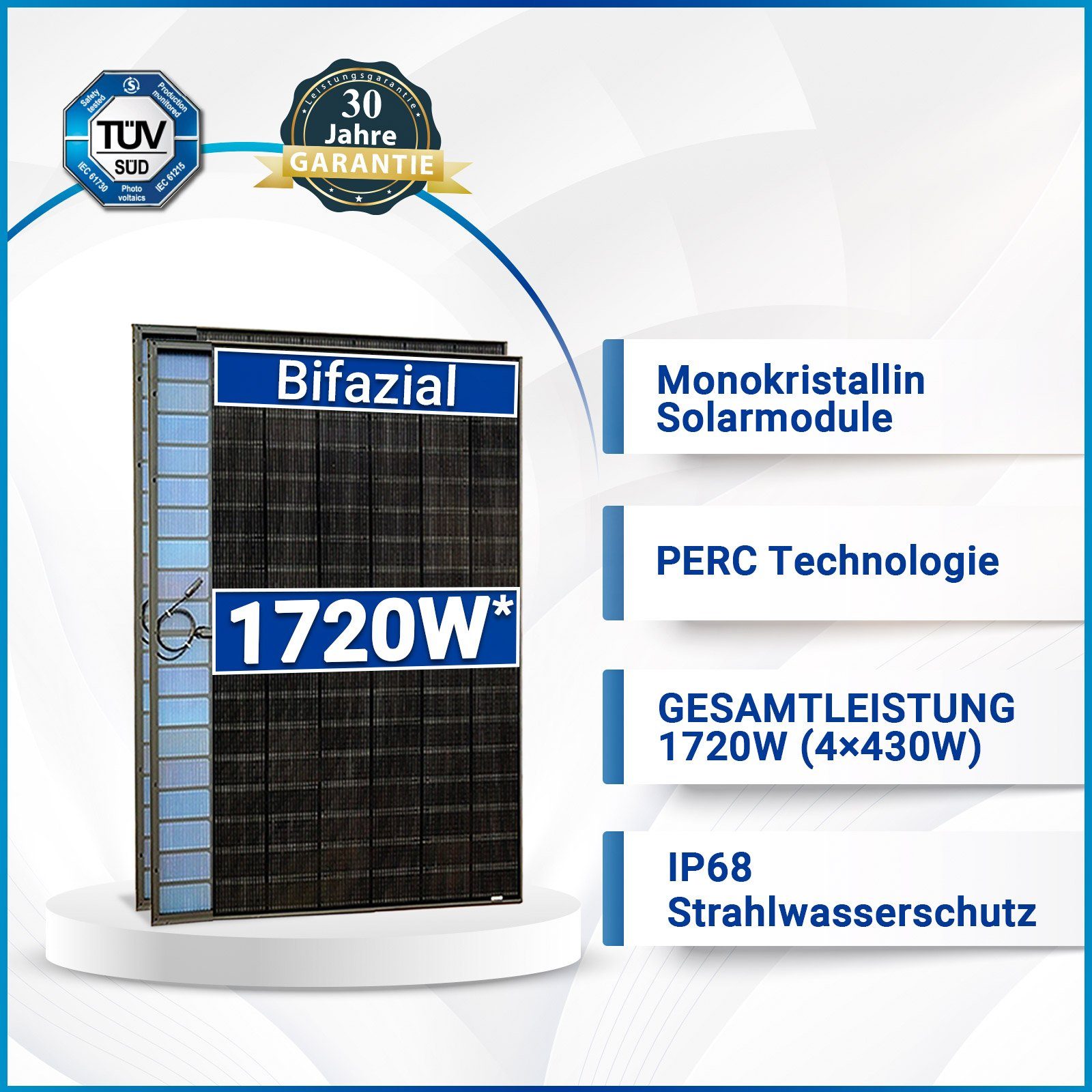 Balkonkraftwerk(1200W DTU-WLite-S und SOLAR-HOOK 1720W/1600W Drosselbar etm HMS-1600/800W/600W Energieerzeugung), Solarmodule, Wielandstecker Solaranlage Hoymiles Bifaziale 430W Mit 10m Wechselrichter,