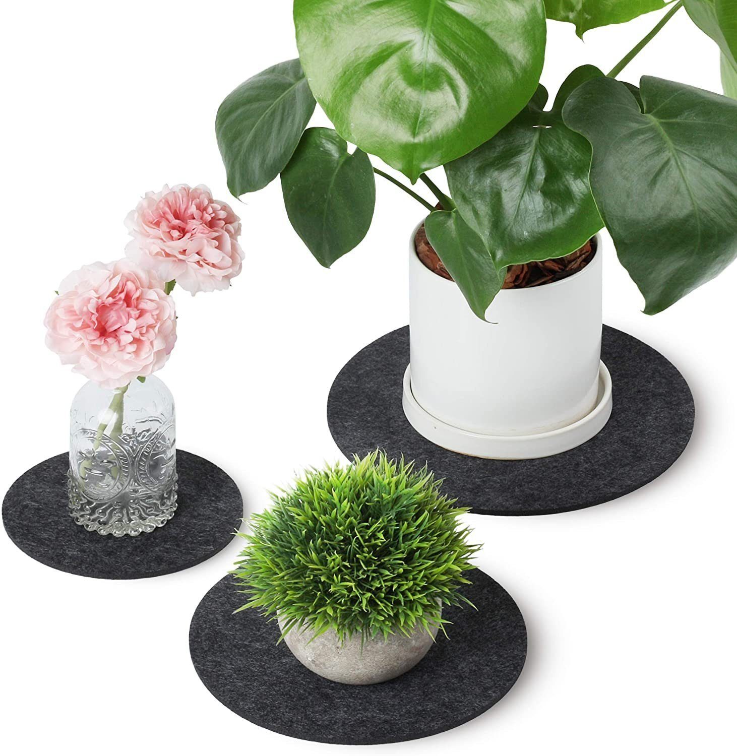 Sidorenko Blumentopfuntersetzer Filz Untersetzer rund für Vasen - 6er Set - 15cm / 20 cm / 25cm, Premium Tischuntersetzer Glasuntersetzer, Filzuntersetzer in dunkelgrau für Getränke