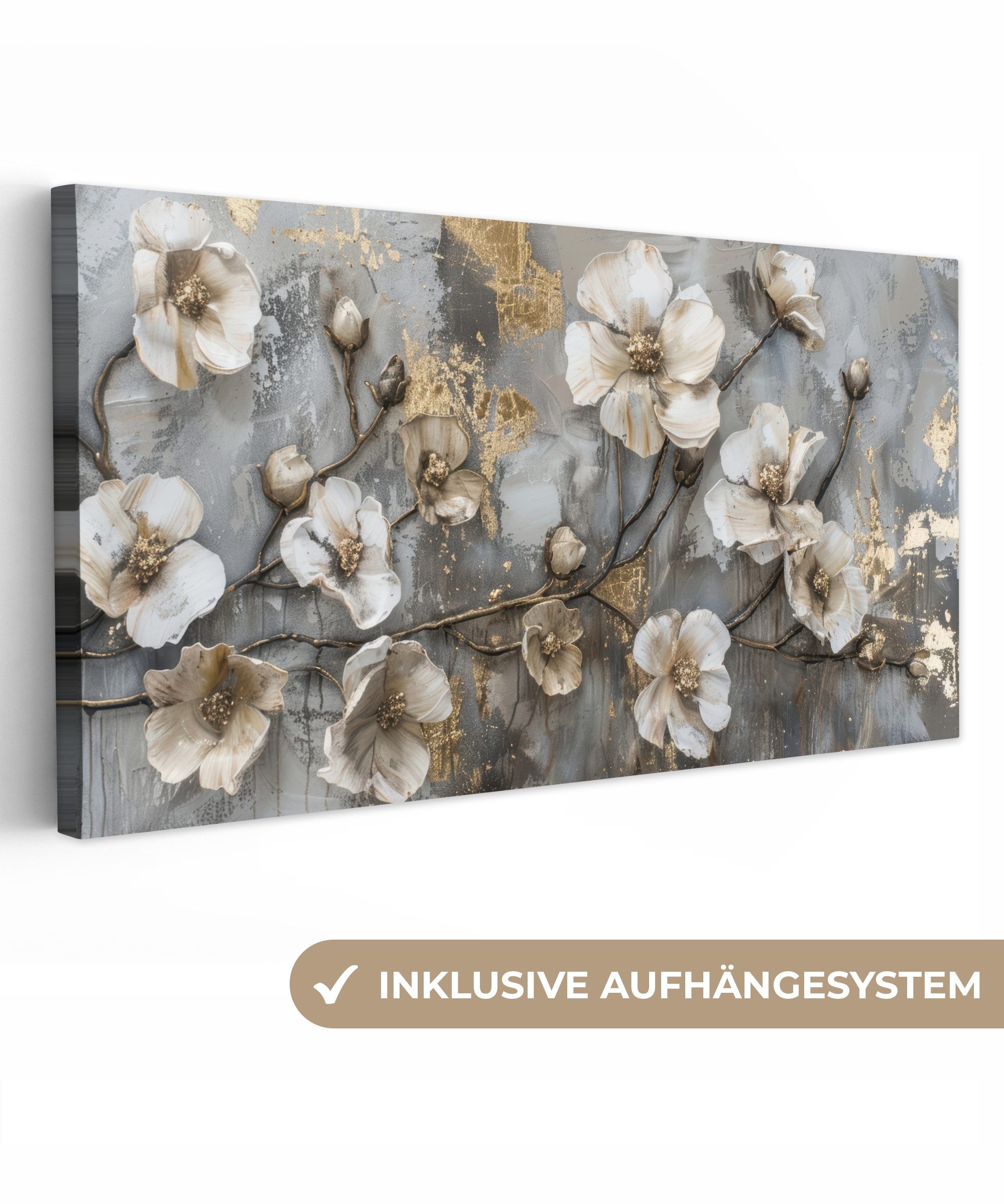 OneMillionCanvasses® Leinwandbild Panorama Blumen - Weiß - Grau - Gold - Lu günstig online kaufen