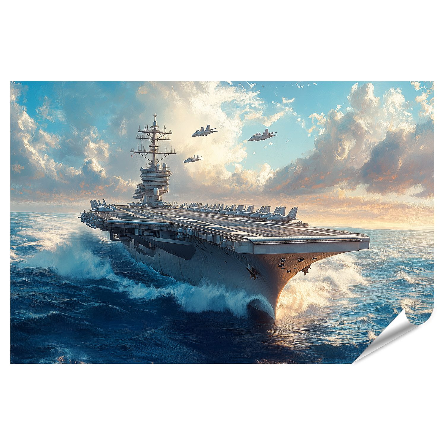 Poster Ein Flugzeugträger fährt mit Kampfjets darüber über das Meer