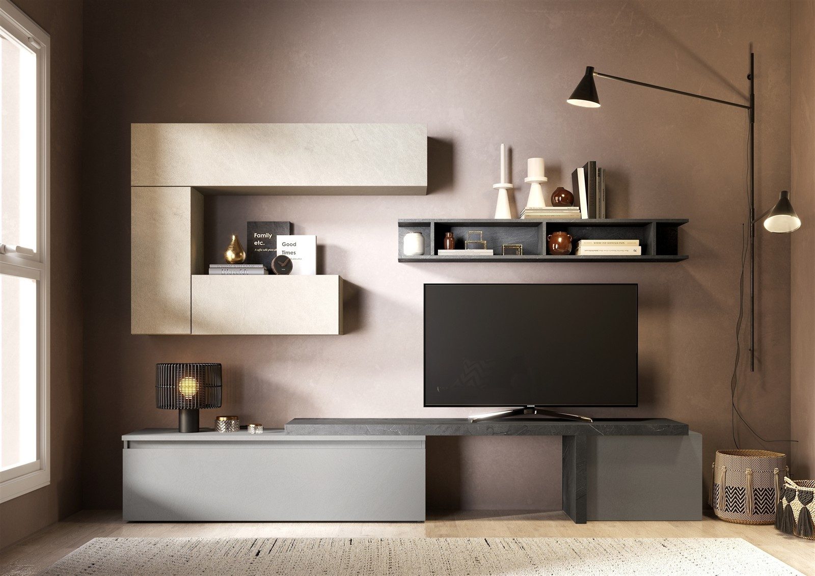 freiraum Wohnwand Ilary, in Ardesia / Argilla / Piombo - 260x190x40 (BxHxT)