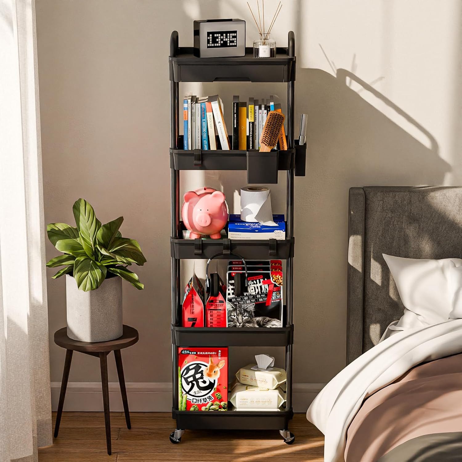 SPACEKEEPER Regal 5-stöckiger Rollwagen mit Schublade – Badorganizer & Küchenorganizer, 1-tlg., Mobiler Aufbewahrungswagen für enge Nischen, Küche & Wäscherei