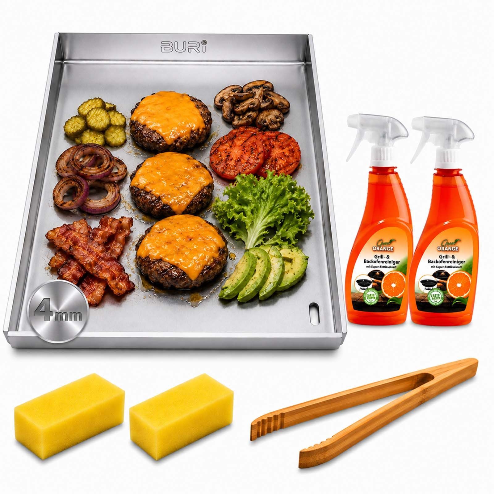 BURI Grillplatte Plancha Grillplatte 30x37cm Edelstahl Set + Grillzange & Grillreiniger