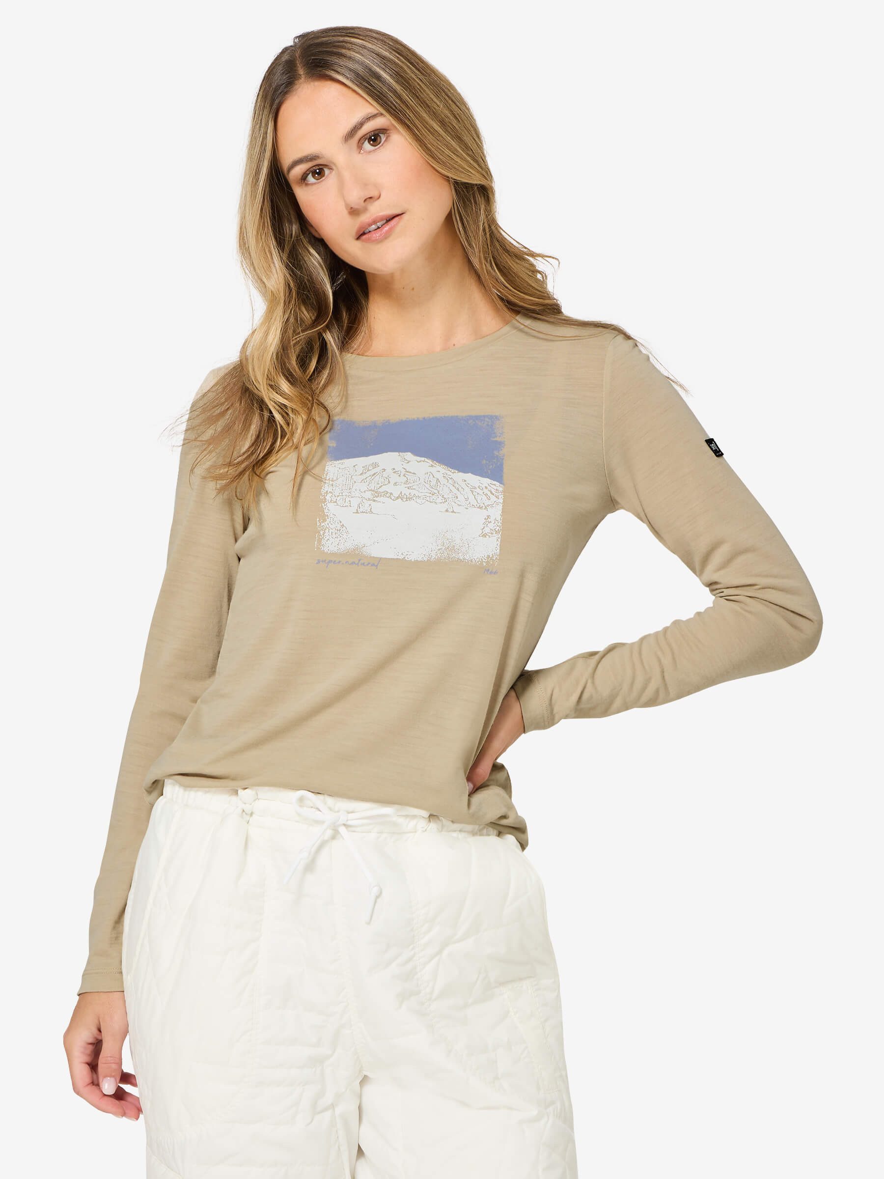 SUPER.NATURAL Langarmshirt für Damen,Merino W LITHOGRAPHY MOUNTAIN LS mit Berg-Motiv, atmungsaktiv