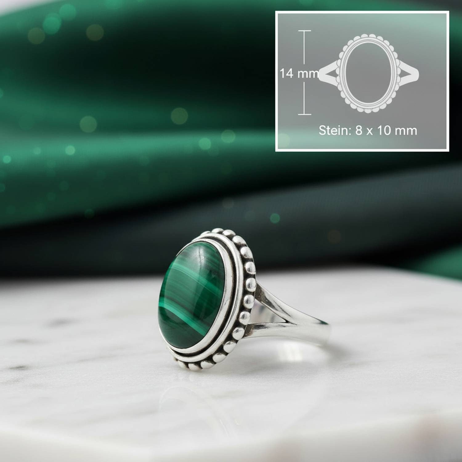 mantraroma Silberring GAMSA aus 925 Silber mit Malachit (Ring mit Schmuckbeutel), Damenring aus 925er Silber