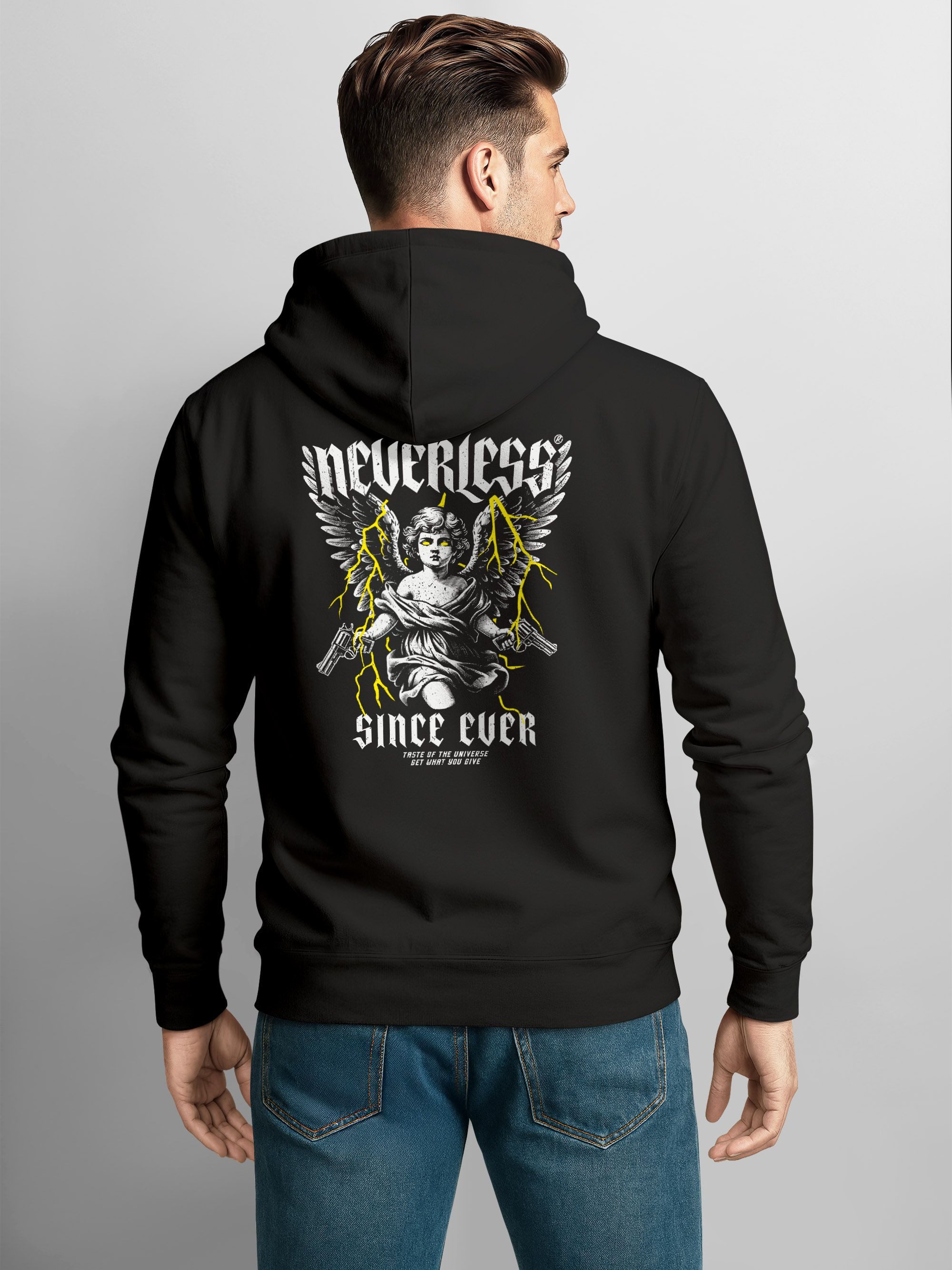 Neverless Hoodie Hoodie Backprint Herren Engel Tattoo Style Schrift Aufdruck