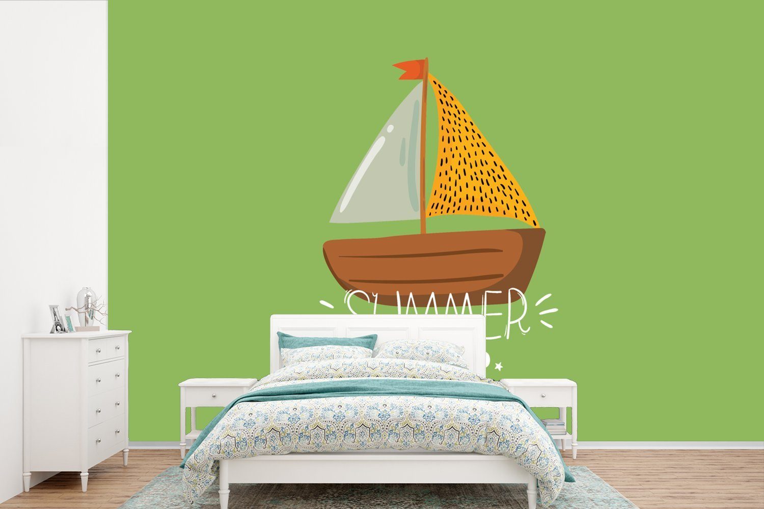 Sommer Boot Kinderzimmer, bedruckt, Vinyl St), Wohnzimmer, - für Tapete - Matt, Fototapete Gelb, (6 MuchoWow Schlafzimmer, Wallpaper