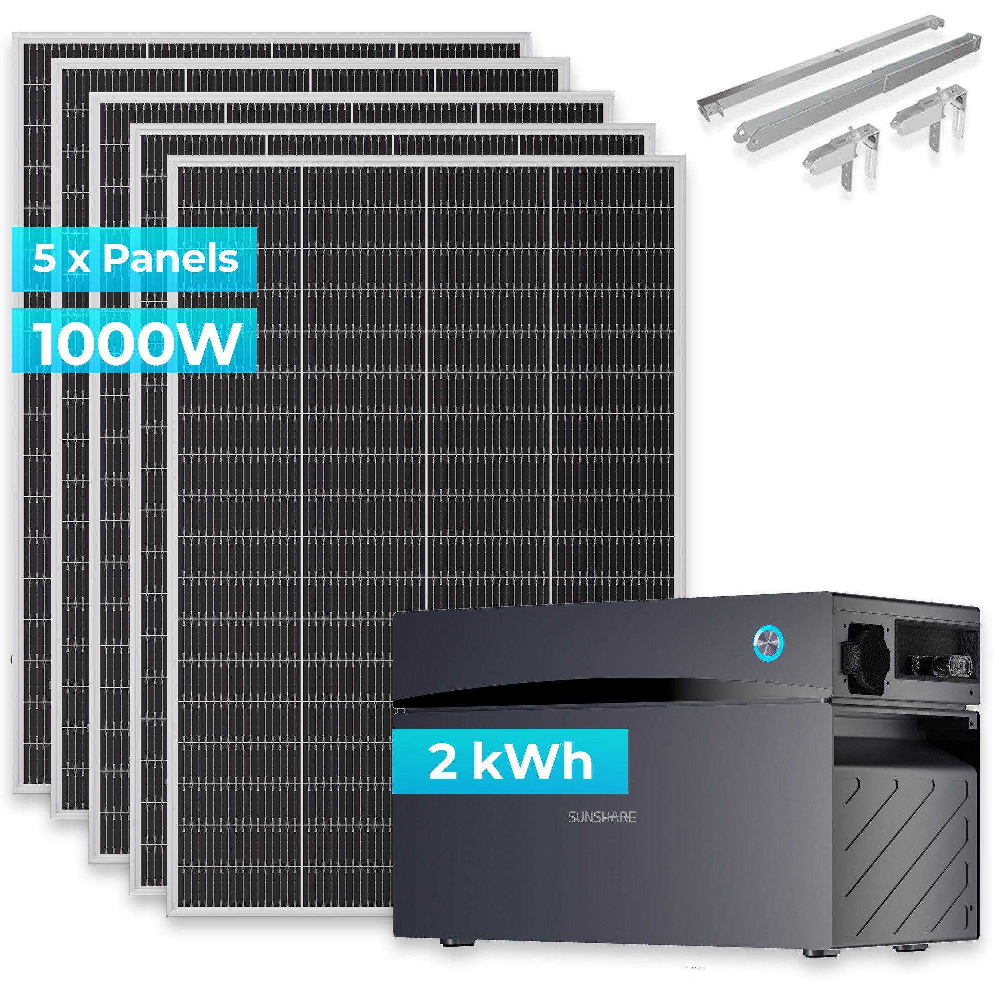 Sunshare Balkonkraftwerk Ray Lite 1000W + Glory 2 kWh Kapazität & Halterung, 200 W, Monokristallin N‑Typ TOPCon, (Balkonkraftwerk-Komplettset mit Stromspeicher, Solarmodule 1000 W, 2 kWh Stromspeicher, 5 Universal-Balkonhalterungen), Mit Smart-BMS, IP65-Schutz und Echtzeitkontrolle per App.
