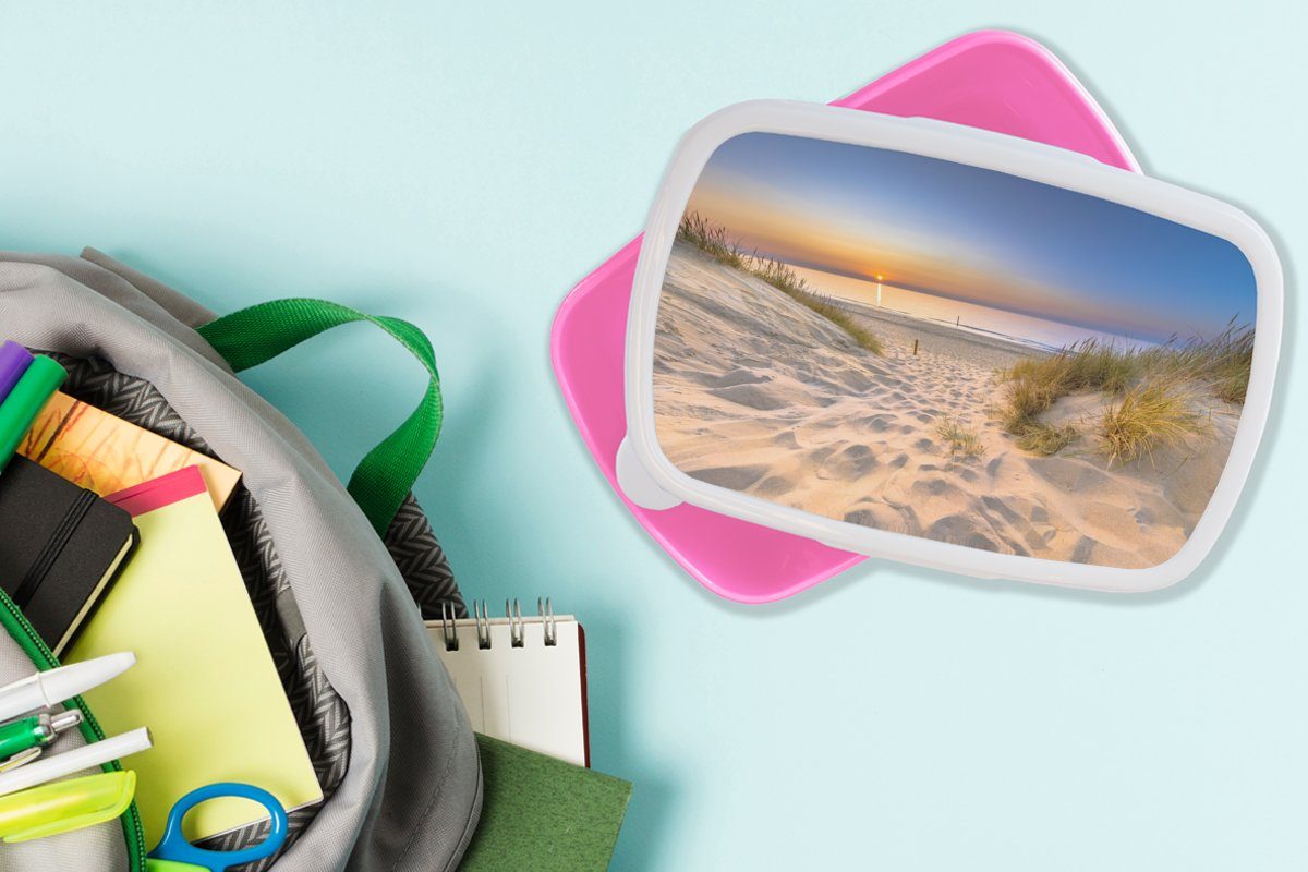 (2-tlg), - Horizont Sonnenuntergang rosa Erwachsene, Düne Lunchbox Kunststoff Kinder, Kunststoff, Brotdose MuchoWow für Brotbox Snackbox, - Strand Mädchen, - - Gras,